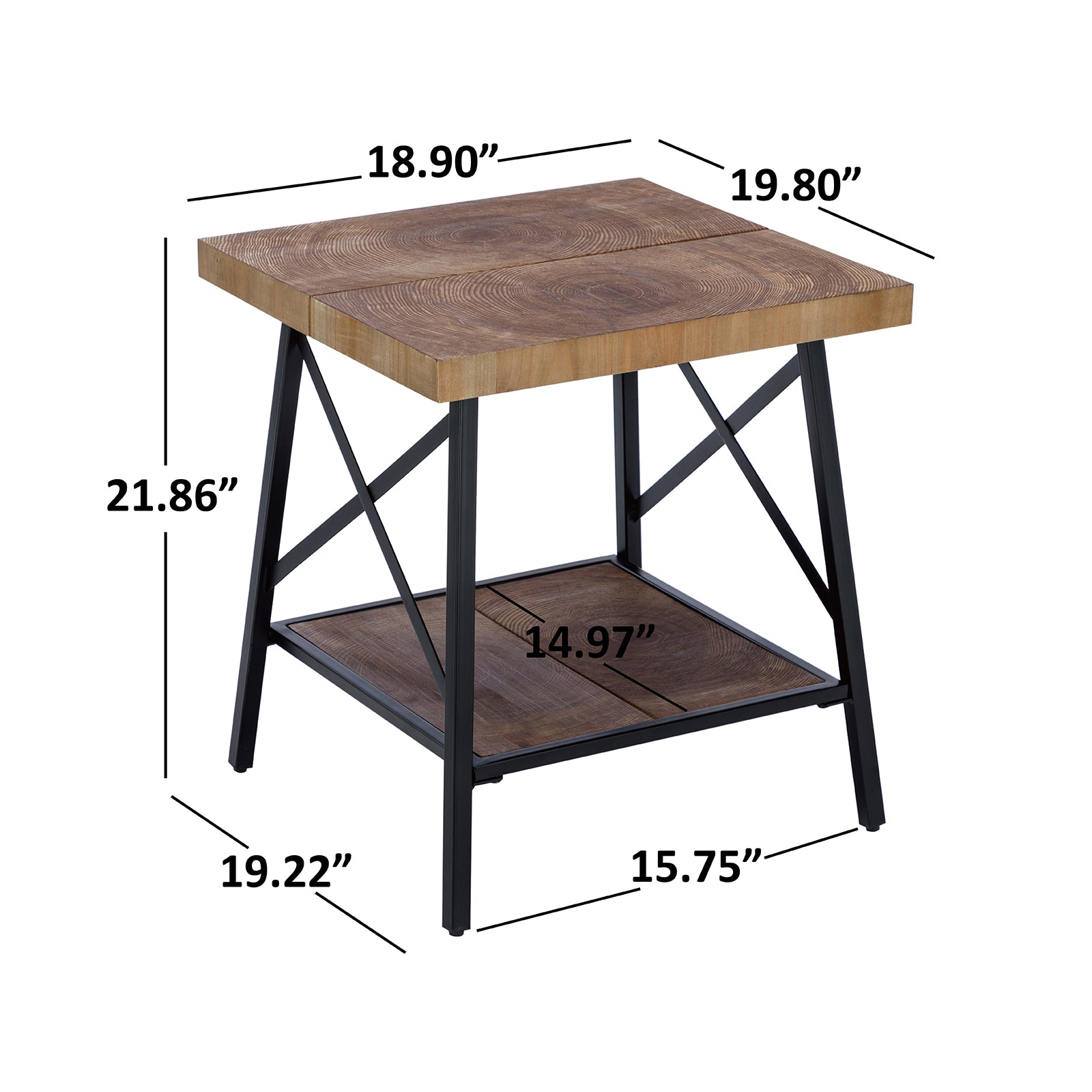 2 Tiers Industrial Wood End Tables with Storage Shelf on Metal Base