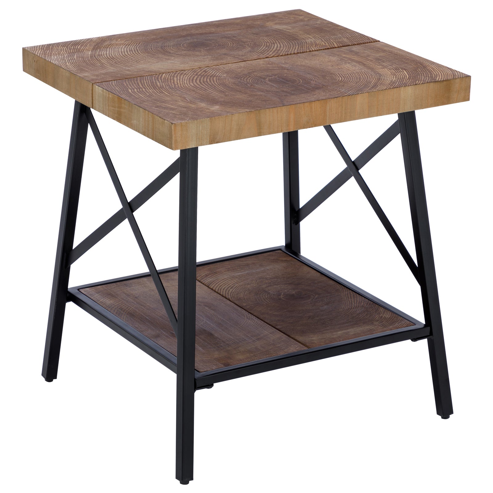 2 Tiers Industrial Wood End Tables with Storage Shelf on Metal Base