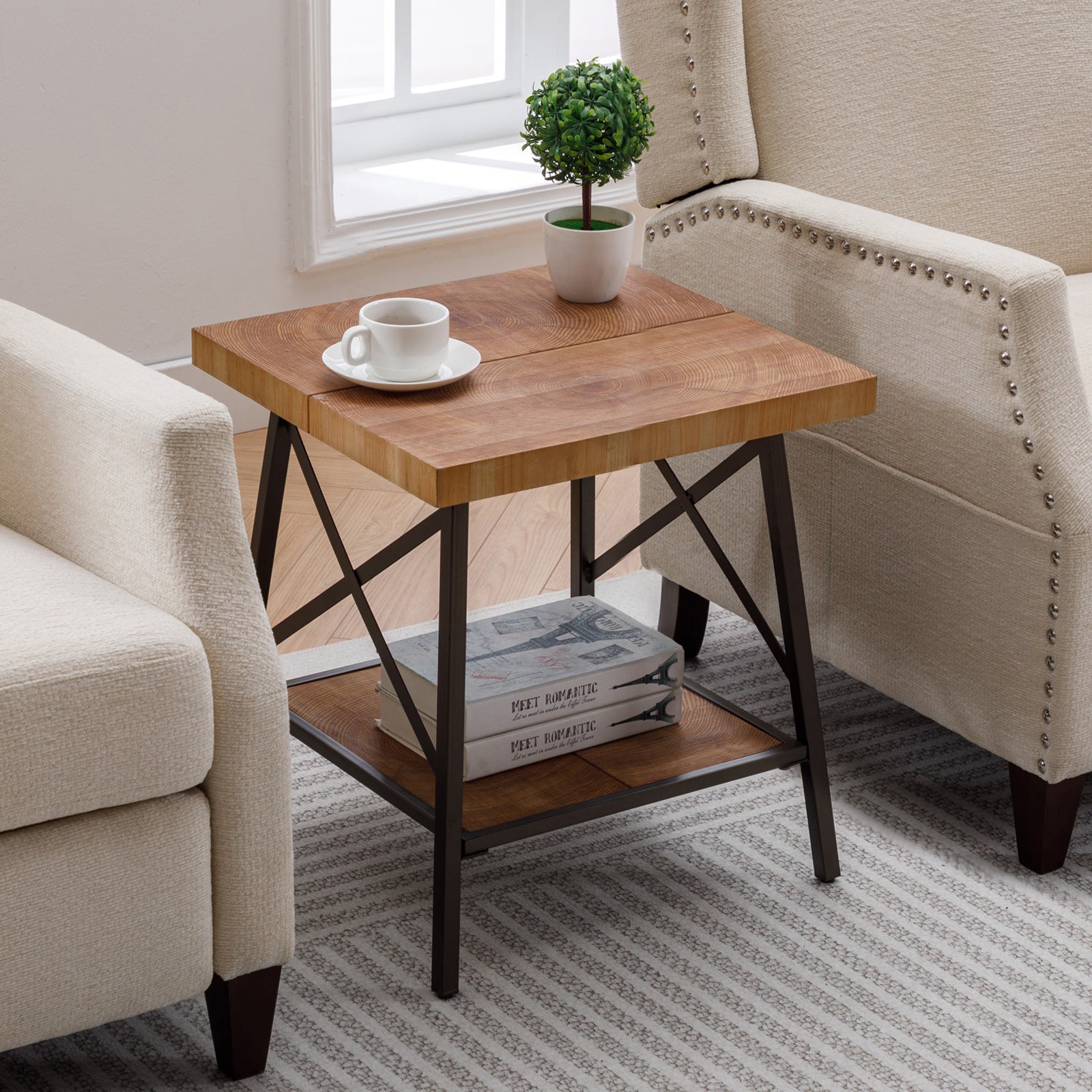 2 Tiers Industrial Wood End Tables with Storage Shelf on Metal Base