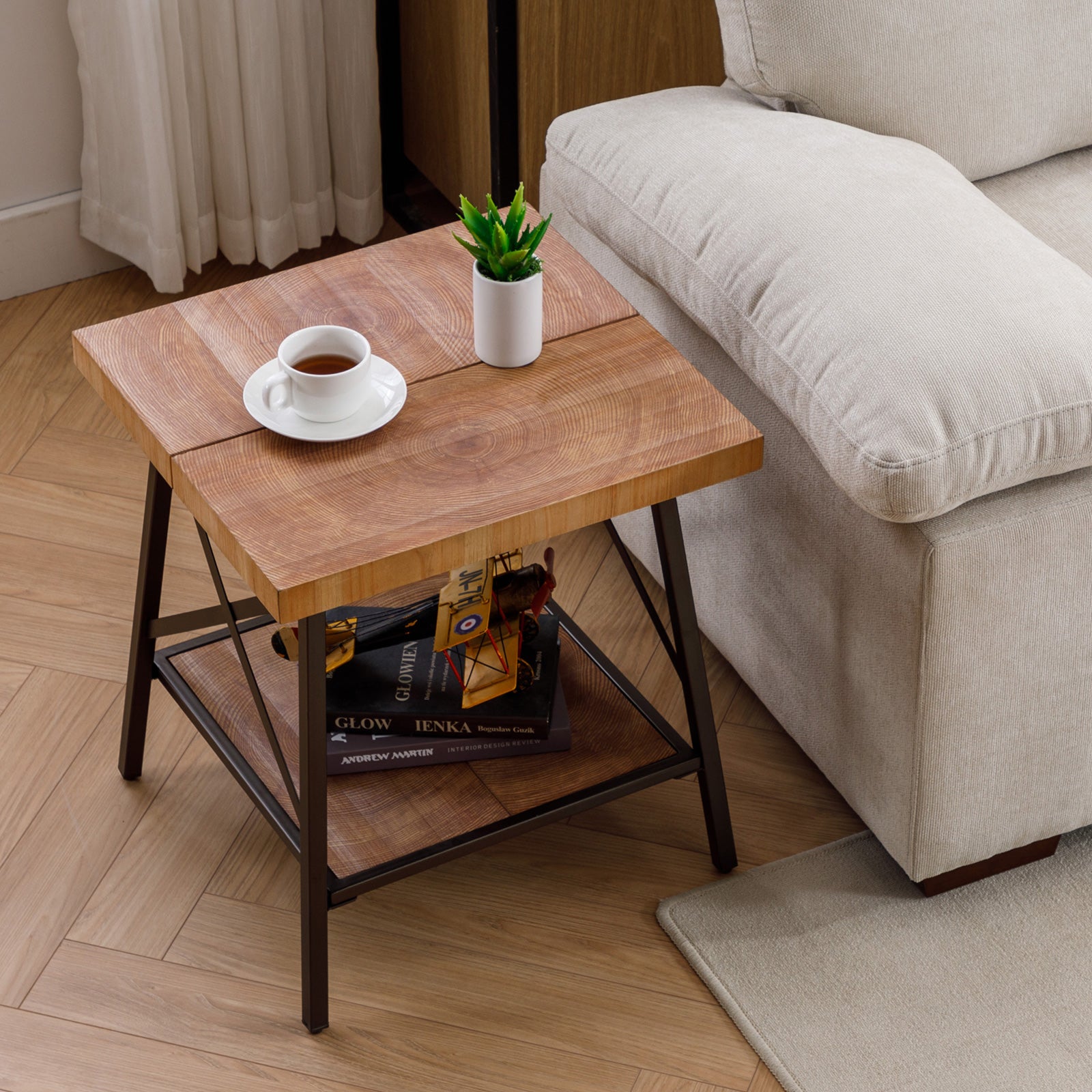 2 Tiers Industrial Wood End Tables with Storage Shelf on Metal Base