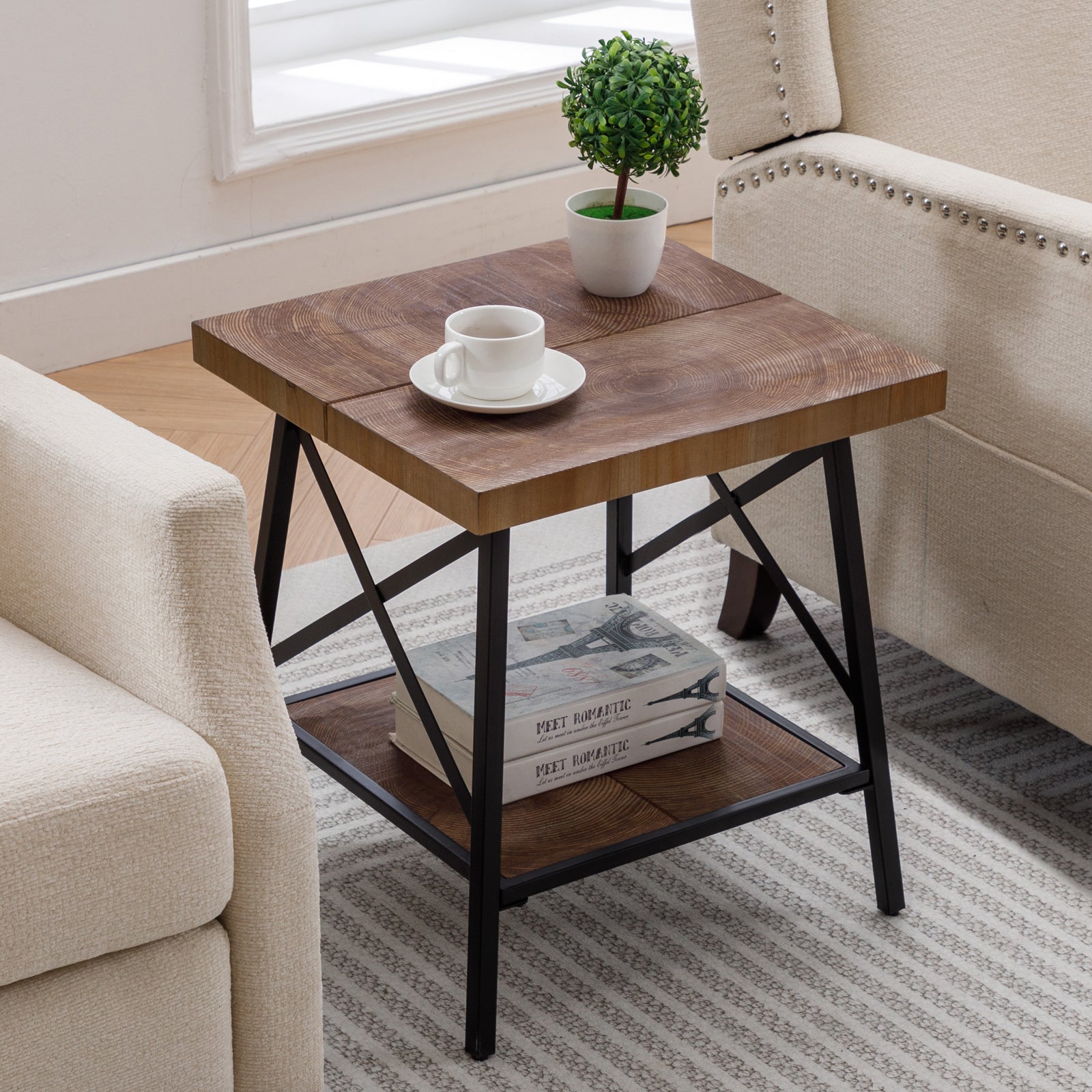 2 Tiers Industrial Wood End Tables with Storage Shelf on Metal Base