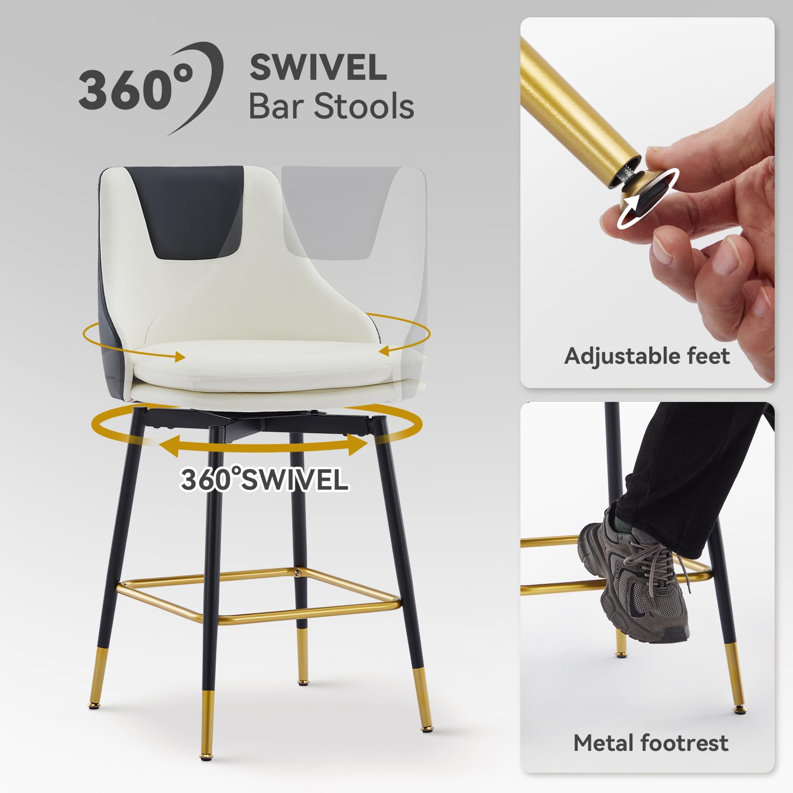 Counter Height Bar Stools with Full Back, 25 Inch Swivel Bar Stools Set of 2, Ergonomic Backrest and Metal Footrest, Modern Bar Stools for Kitchen Counter, Island, Dining Room