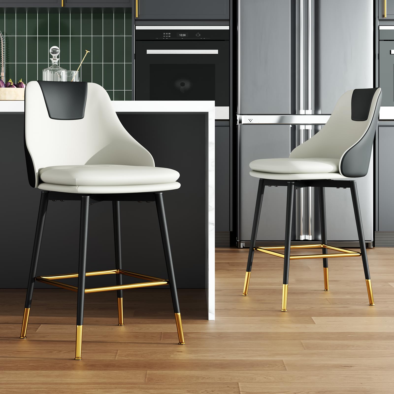Counter Height Bar Stools with Full Back, 25 Inch Swivel Bar Stools Set of 2, Ergonomic Backrest and Metal Footrest, Modern Bar Stools for Kitchen Counter, Island, Dining Room