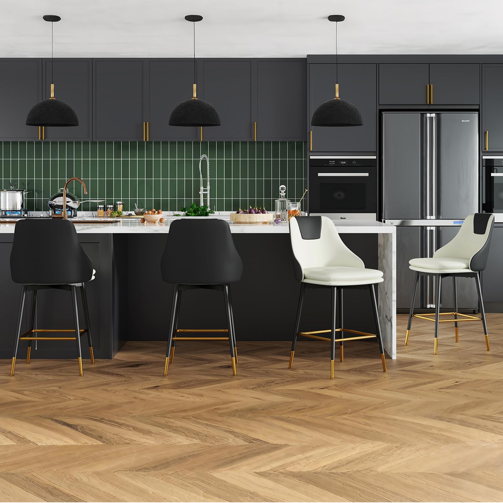 Counter Height Bar Stools with Full Back, 25 Inch Swivel Bar Stools Set of 2, Ergonomic Backrest and Metal Footrest, Modern Bar Stools for Kitchen Counter, Island, Dining Room