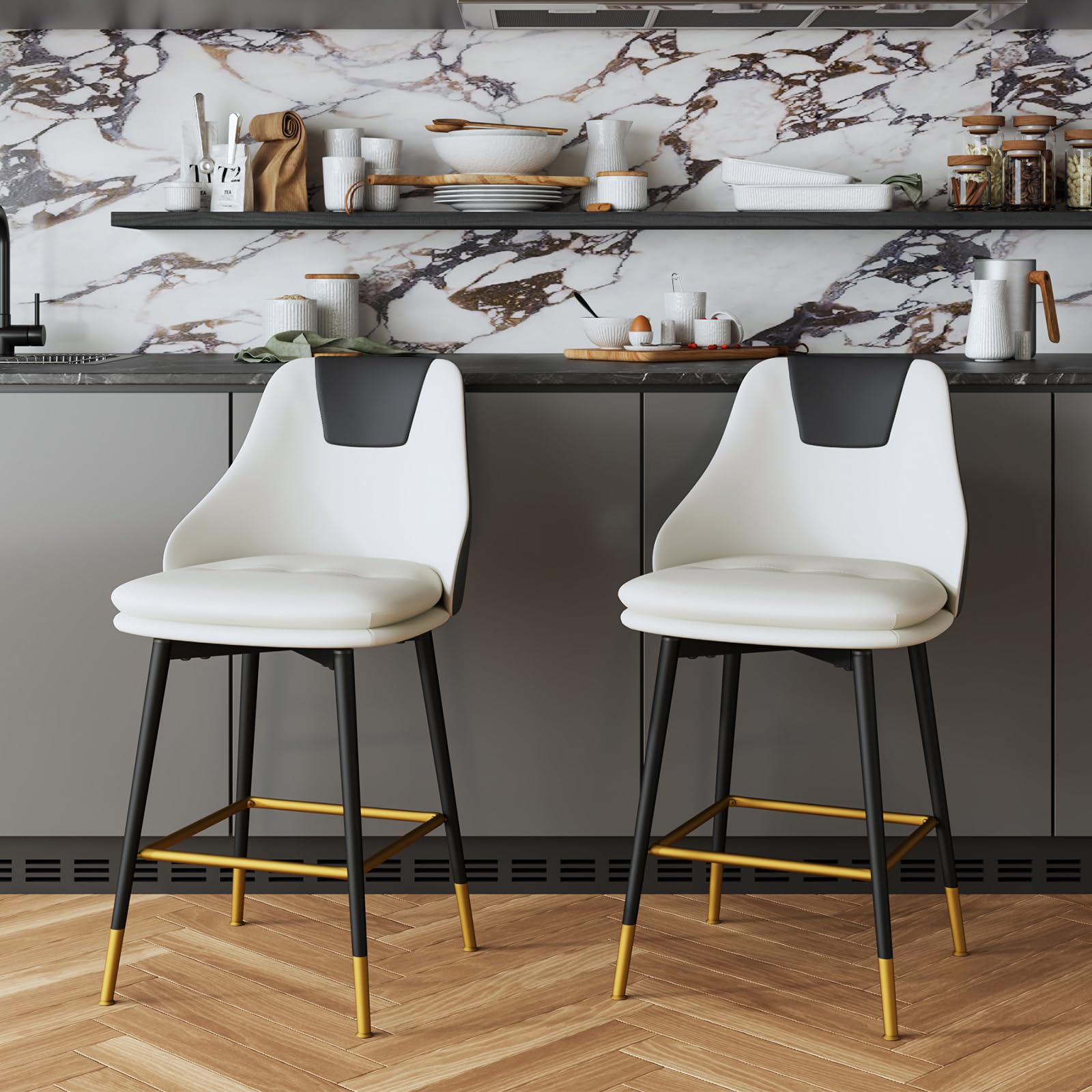 Counter Height Bar Stools with Full Back, 25 Inch Swivel Bar Stools Set of 2, Ergonomic Backrest and Metal Footrest, Modern Bar Stools for Kitchen Counter, Island, Dining Room