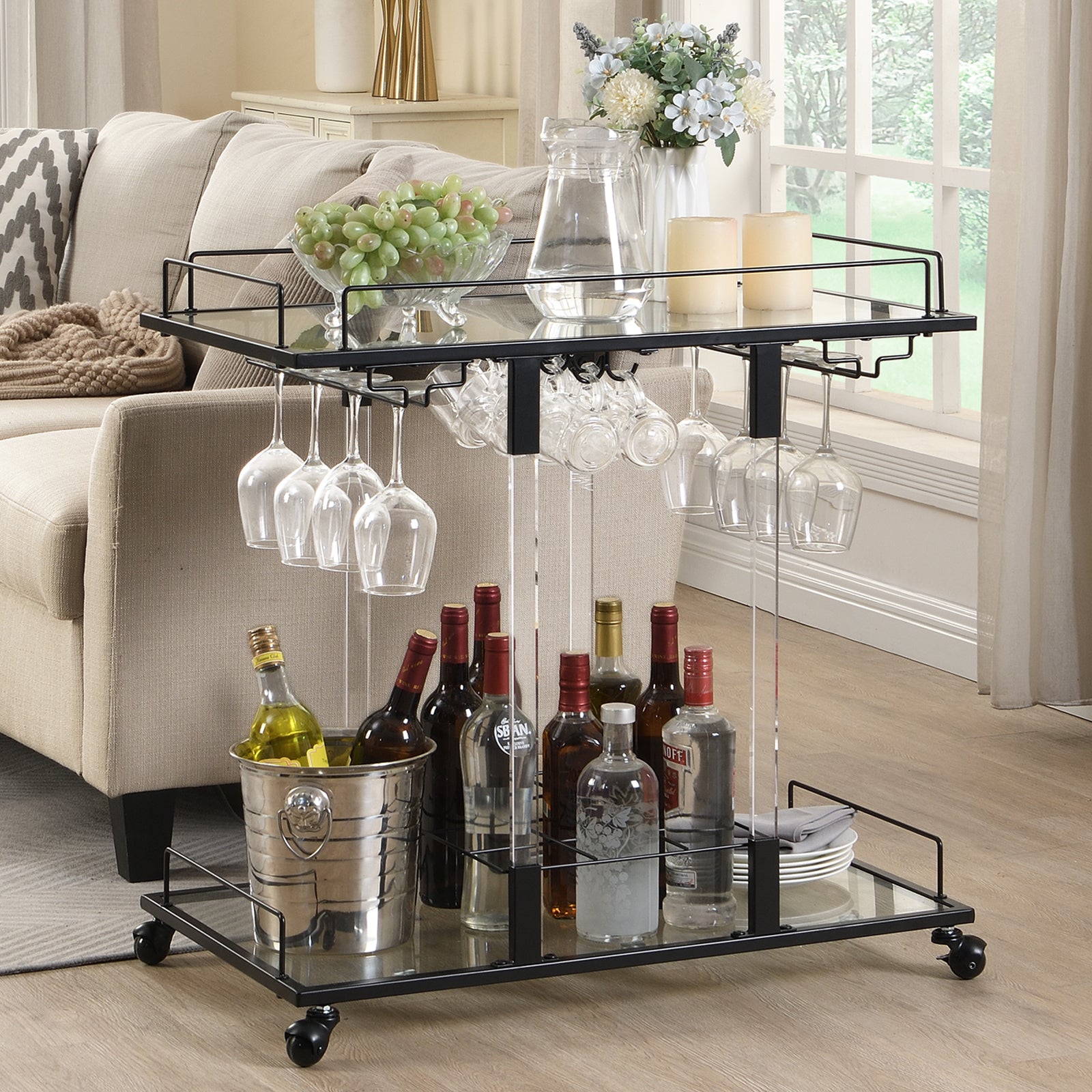 MINPINSER  Modern Chrome Bar Carts Acrylic Bar Carts on Wheels