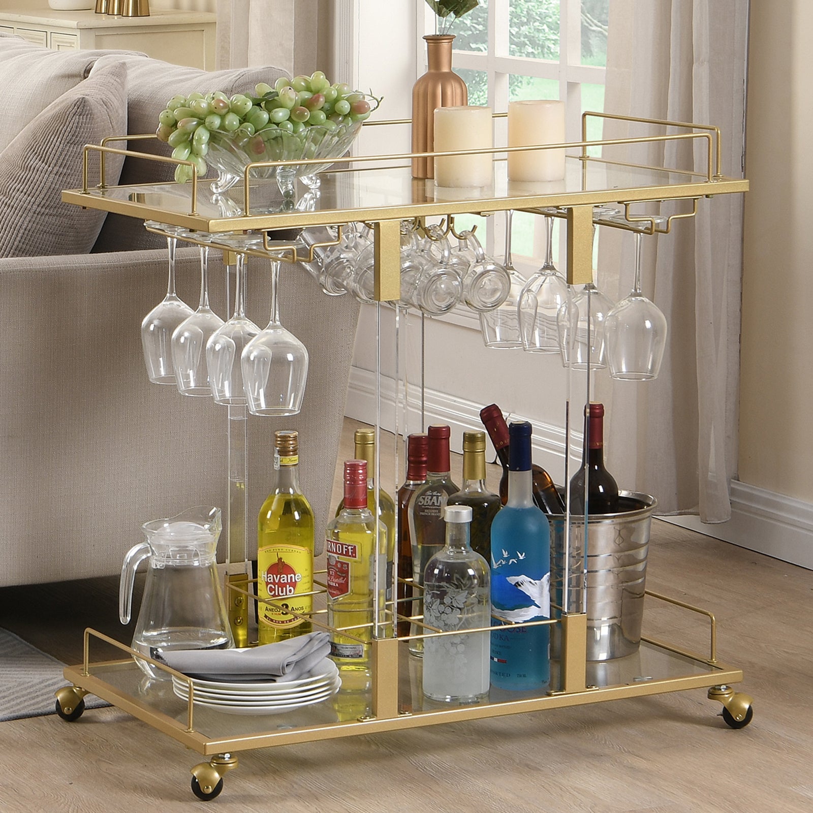 MINPINSER  Modern Chrome Bar Carts Acrylic Bar Carts on Wheels