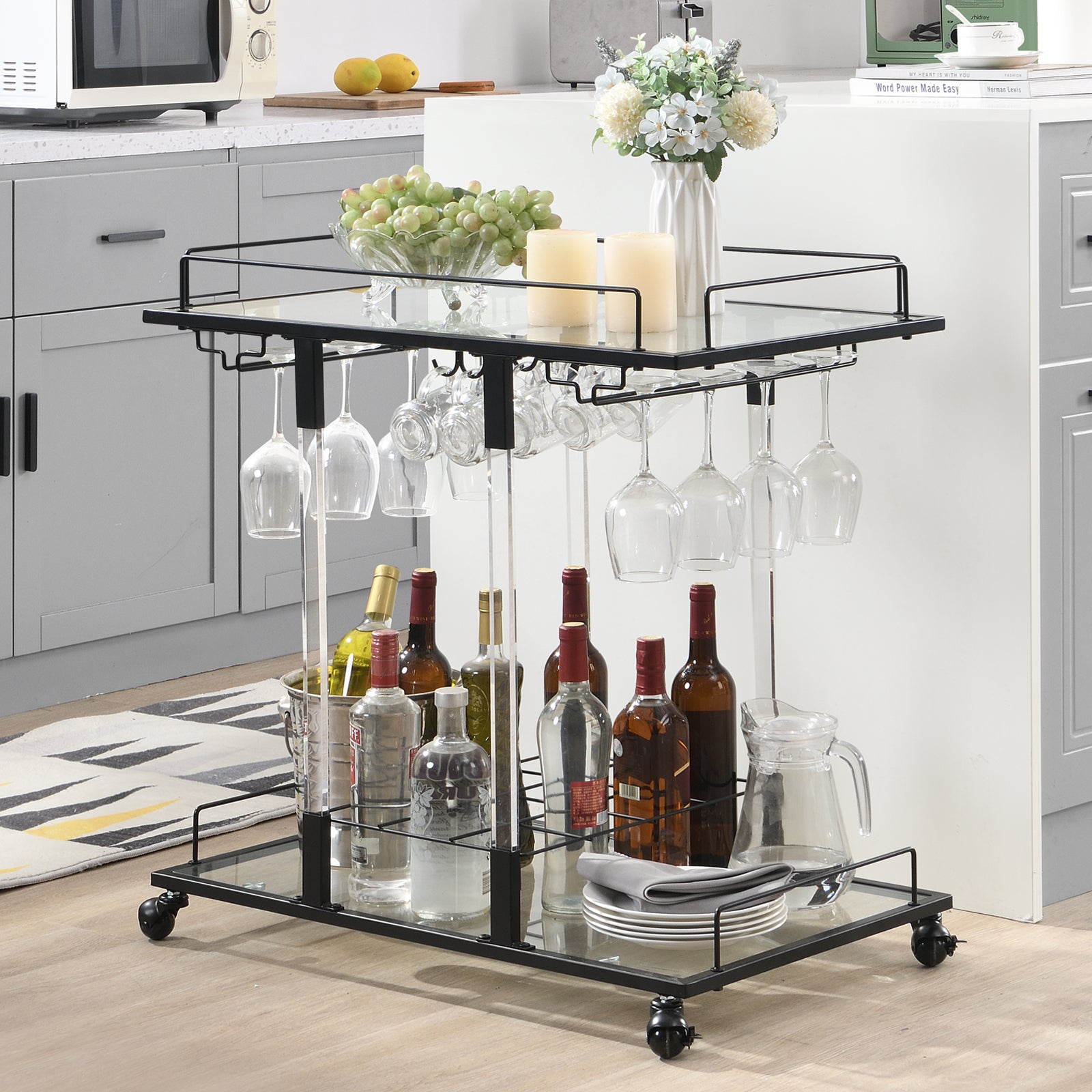 MINPINSER  Modern Chrome Bar Carts Acrylic Bar Carts on Wheels