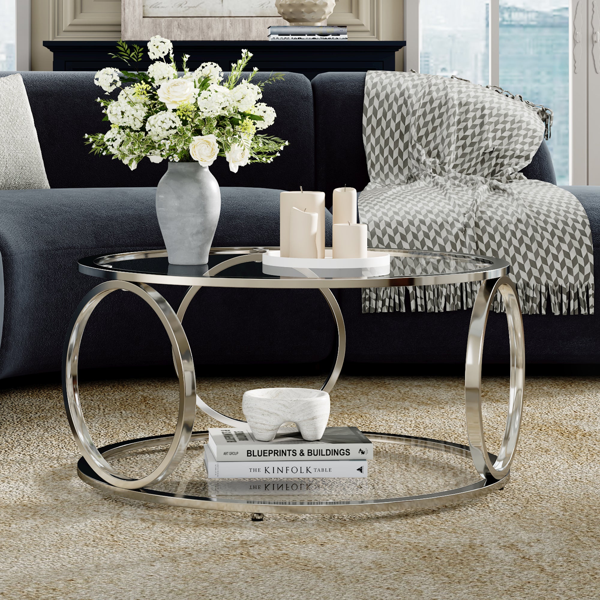 MINPINSER Modern Glass Coffee Table, 2-Tier Round Accent Center Table with Open Storage & Stainless Steel Frame for Living Room, Home Office, Silver