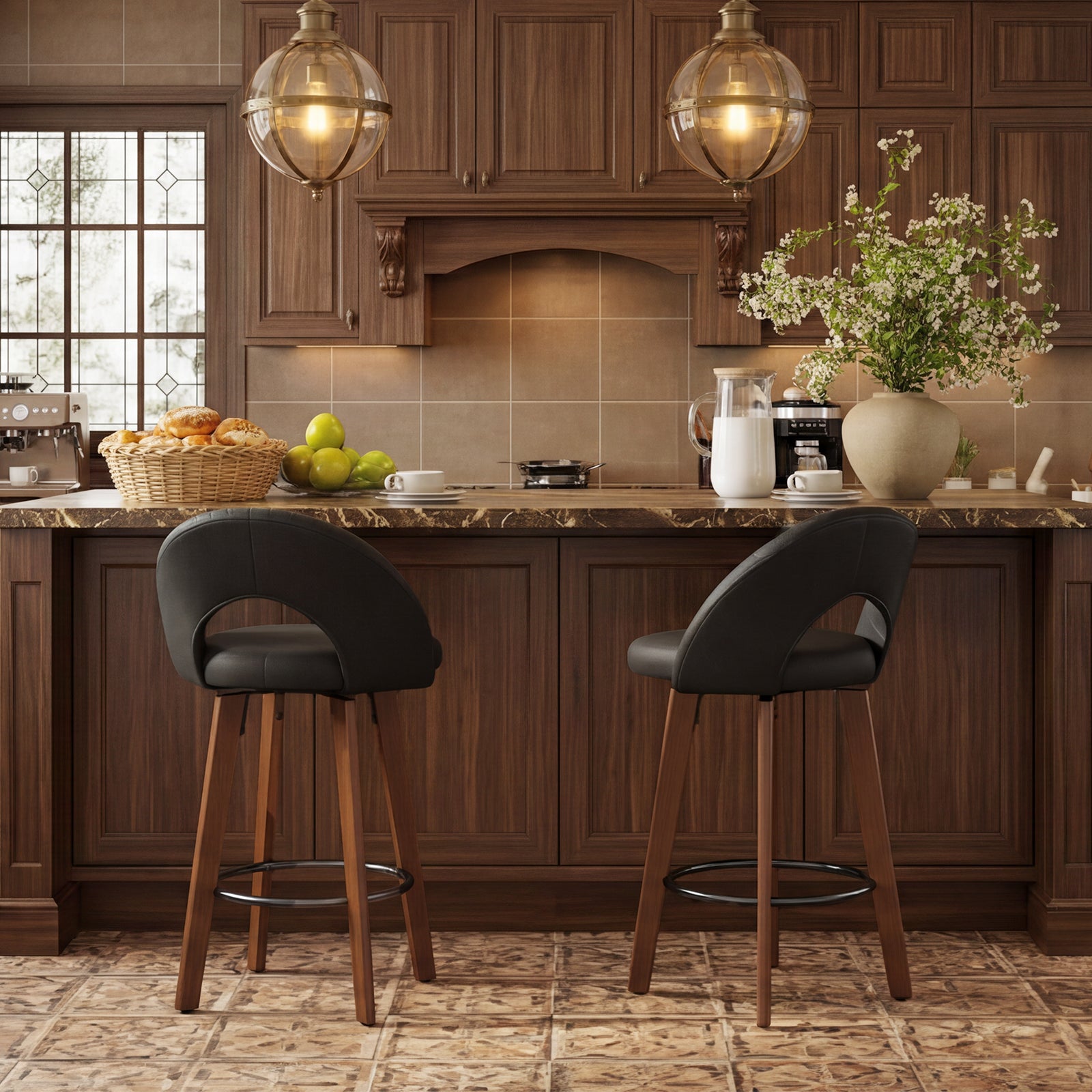 MINPINSER Set of 2 Swivel Counter Height Bar Stools with Bentwood Legs, Black