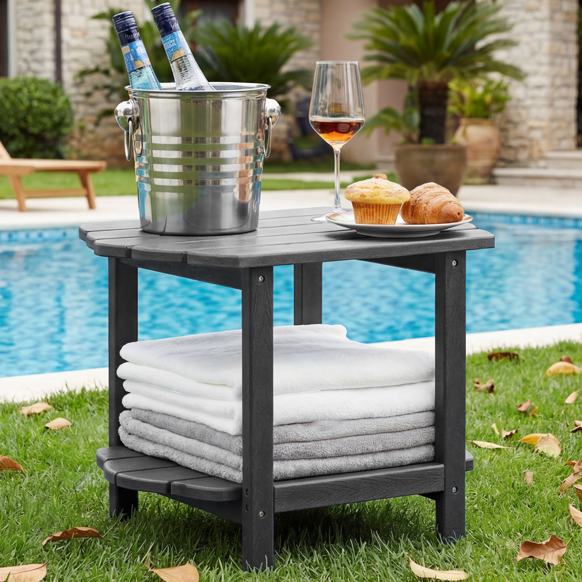 MINPINSER Modern 2-Tier Adirondack Outdoor Side Table, HDPE Weather-Resistant Small End Table with Storage Shelf for Patio, Garden & Balcony, Blue (Rectangle)