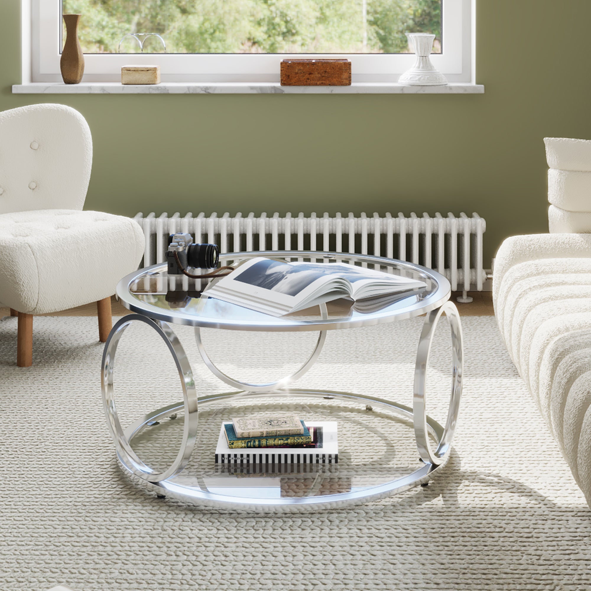MINPINSER Modern Glass Coffee Table, 2-Tier Round Accent Center Table with Open Storage & Stainless Steel Frame for Living Room, Home Office, Silver