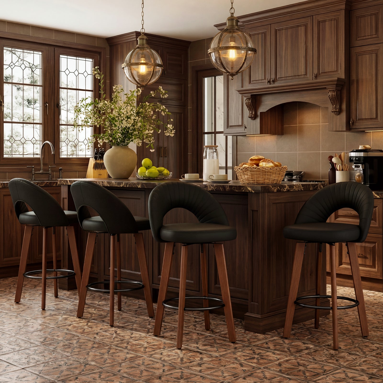 MINPINSER Set of 2 Swivel Counter Height Bar Stools with Bentwood Legs, Black