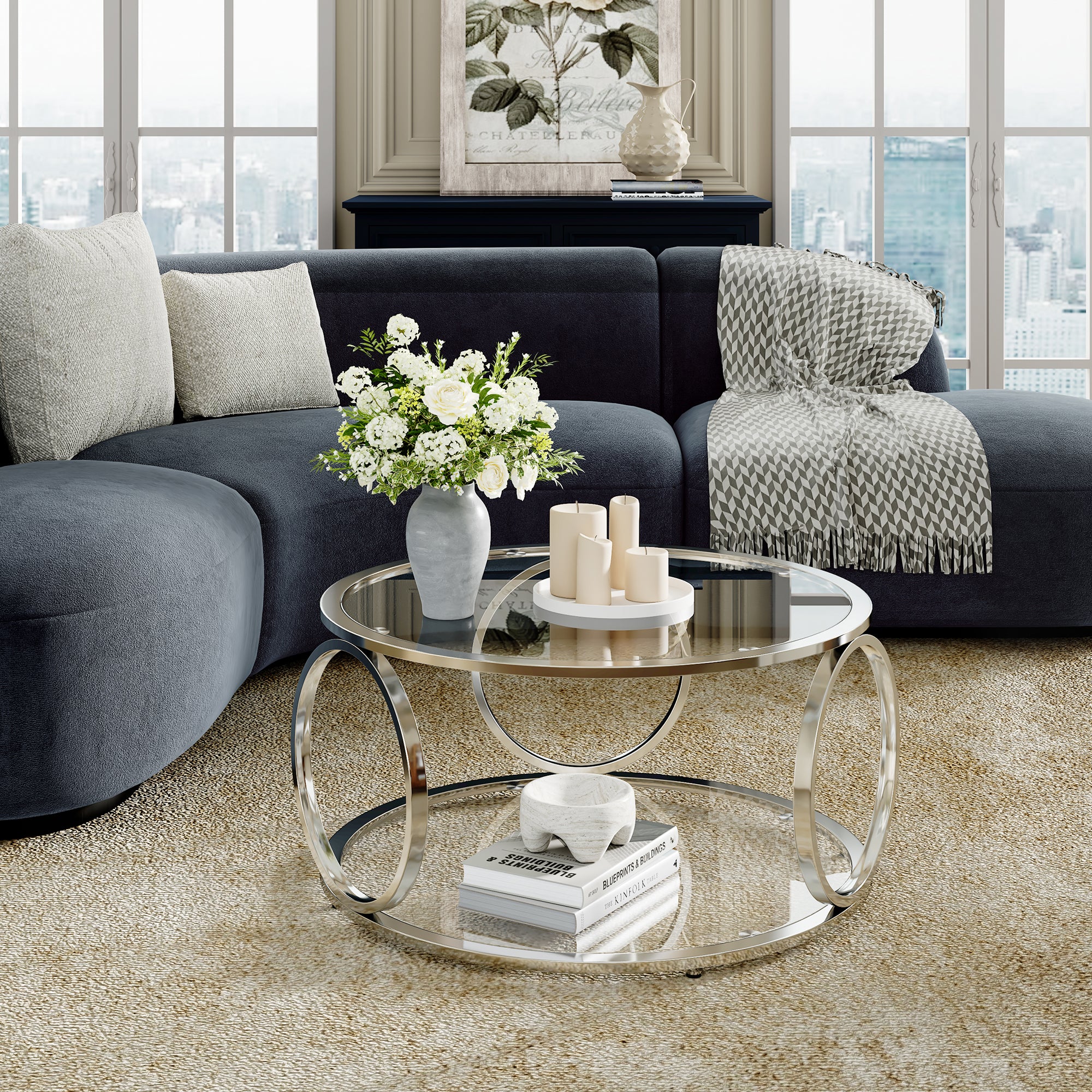 MINPINSER Modern Glass Coffee Table, 2-Tier Round Accent Center Table with Open Storage & Stainless Steel Frame for Living Room, Home Office, Silver