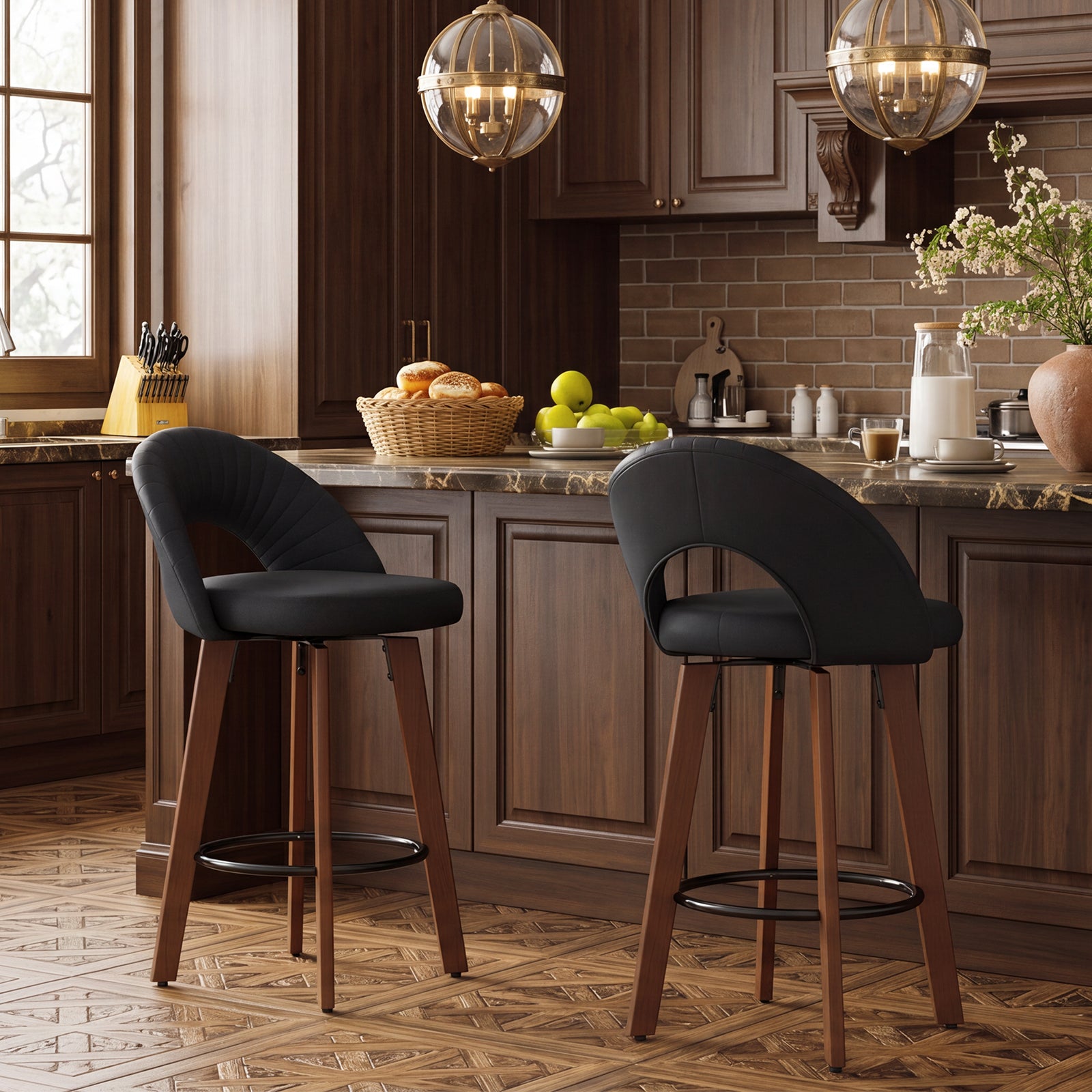 MINPINSER Set of 2 Swivel Counter Height Bar Stools with Bentwood Legs, Black