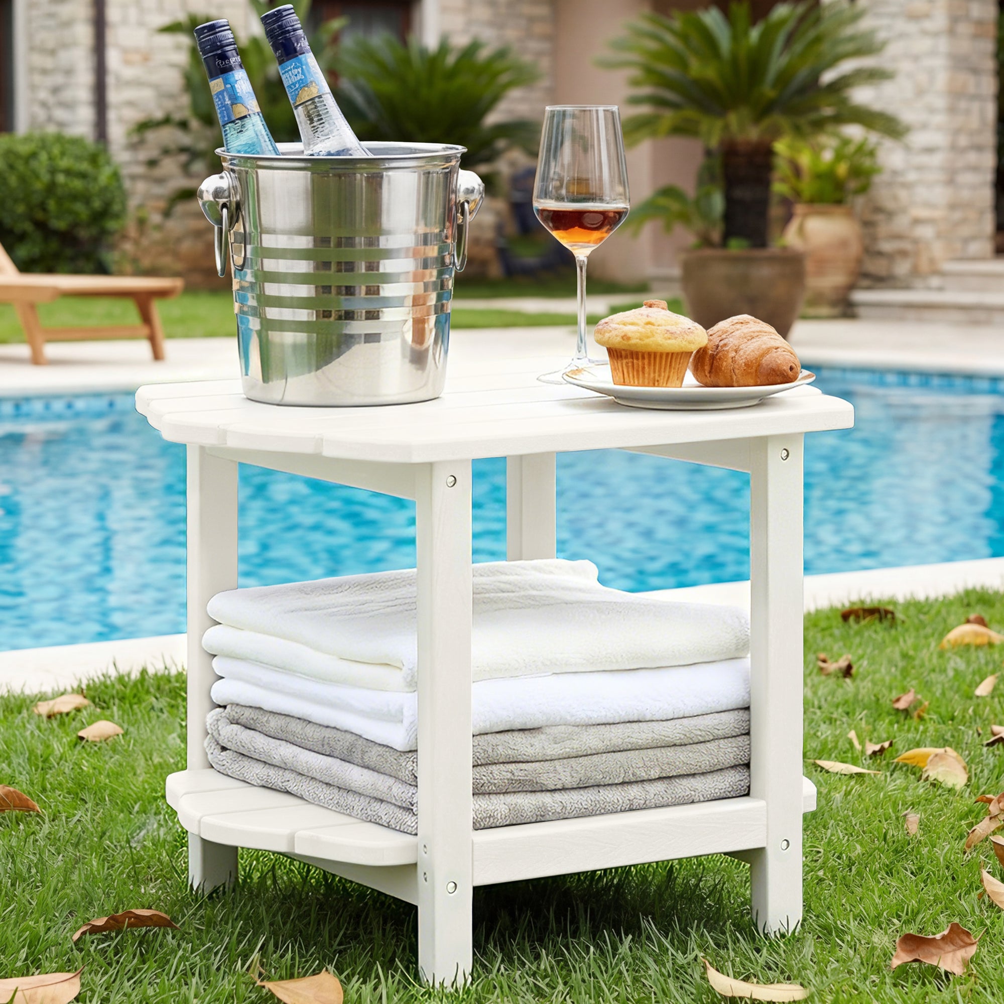 MINPINSER Modern 2-Tier Adirondack Outdoor Side Table, HDPE Weather-Resistant Small End Table with Storage Shelf for Patio, Garden & Balcony, Blue (Rectangle)