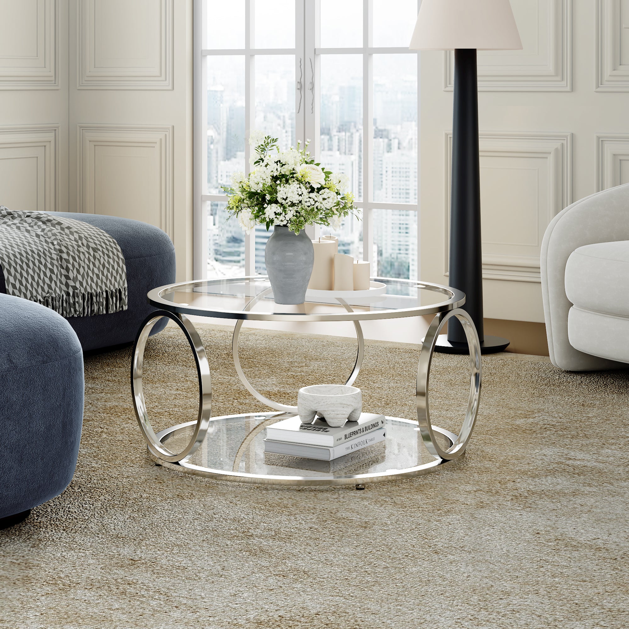 MINPINSER Modern Glass Coffee Table, 2-Tier Round Accent Center Table with Open Storage & Stainless Steel Frame for Living Room, Home Office, Silver