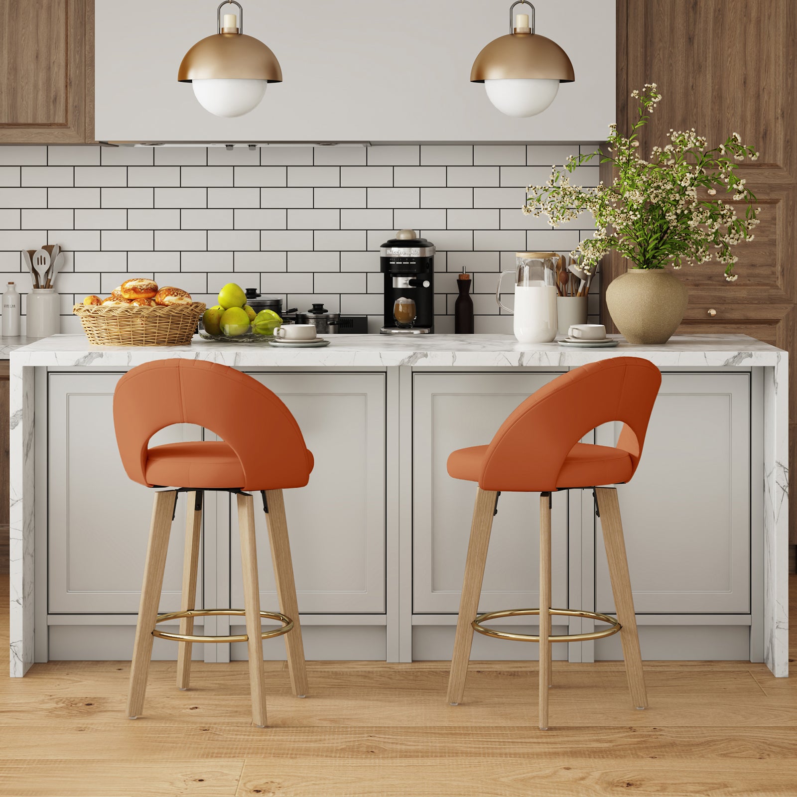 MINPINSER Set of 2 Swivel Counter Height Bar Stools with Bentwood Legs, Black