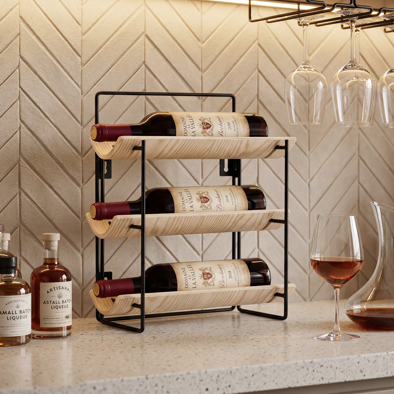MINPINSER Bentwood Wave Countertop & Wall Mounted Wood and Metal Wine Rack, Natural Wood & Matte Black Finish