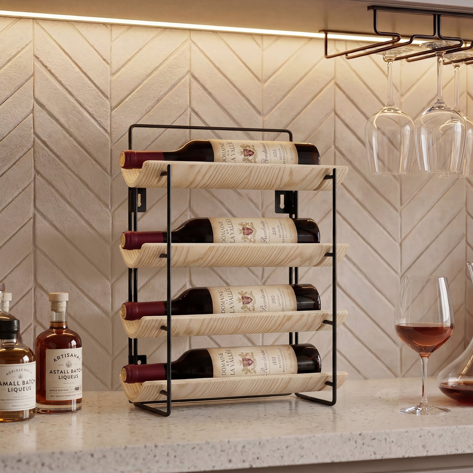 MINPINSER Bentwood Wave Countertop & Wall Mounted Wood and Metal Wine Rack, Natural Wood & Matte Black Finish