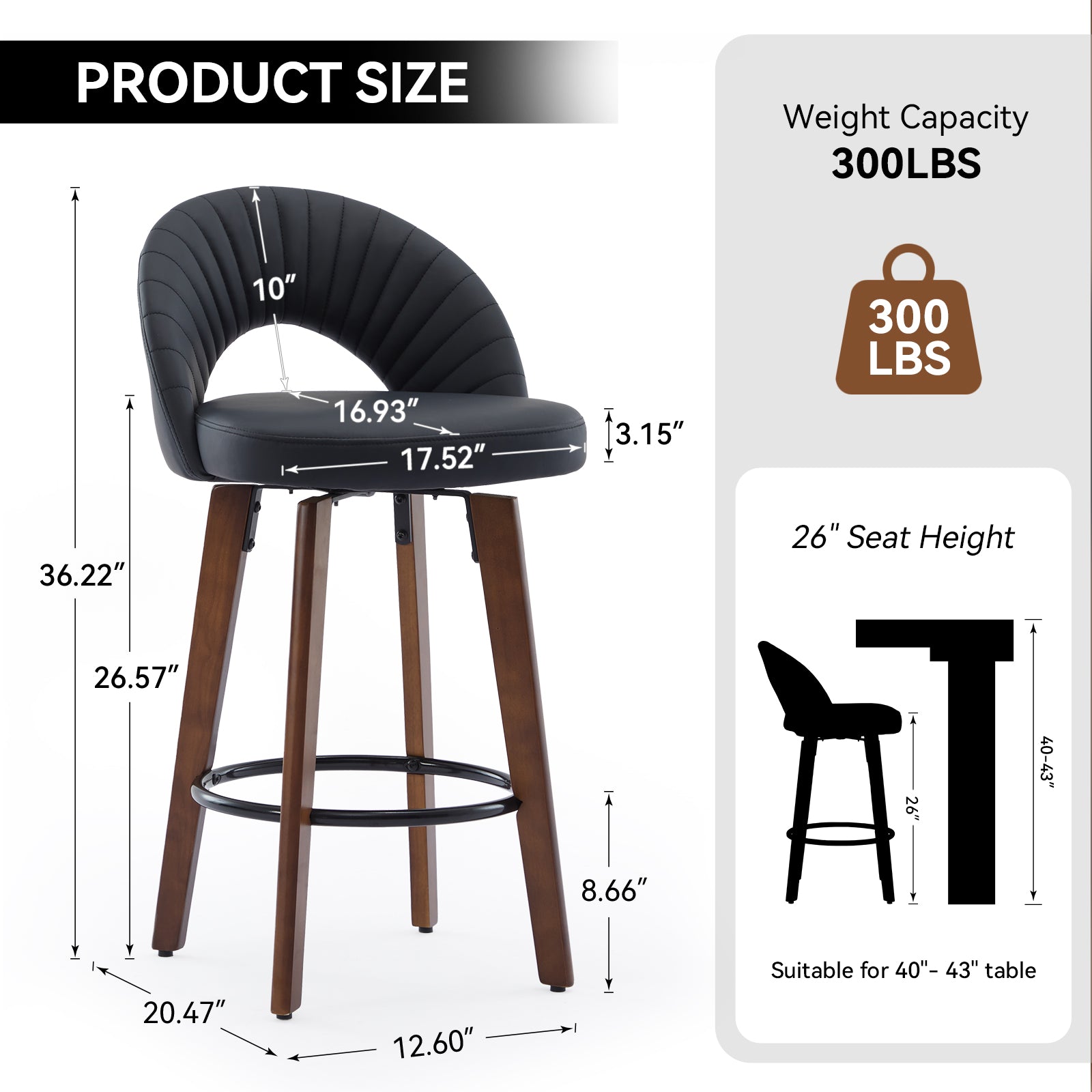 MINPINSER Set of 2 Swivel Counter Height Bar Stools with Bentwood Legs, Black