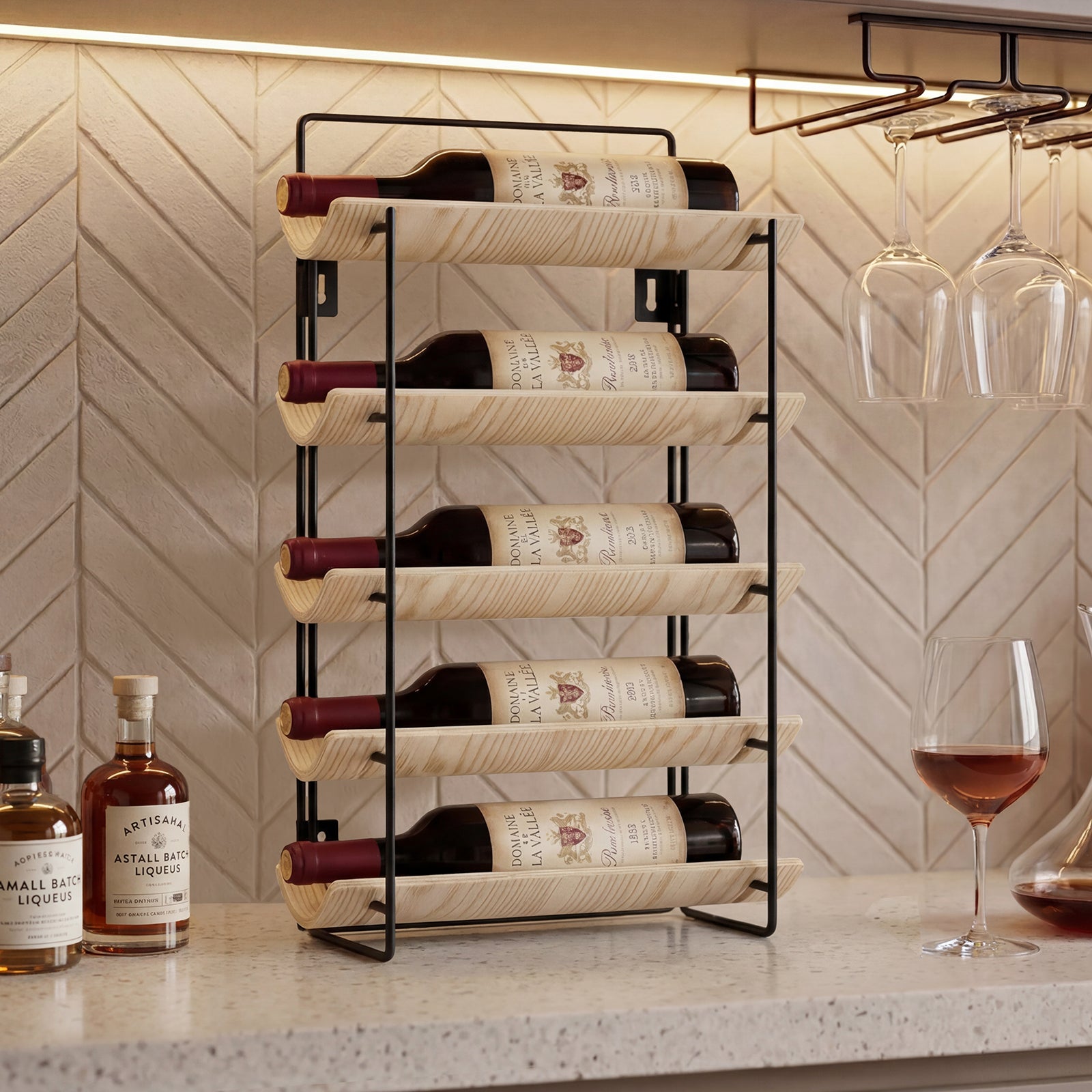 MINPINSER Bentwood Wave Countertop & Wall Mounted Wood and Metal Wine Rack, Natural Wood & Matte Black Finish