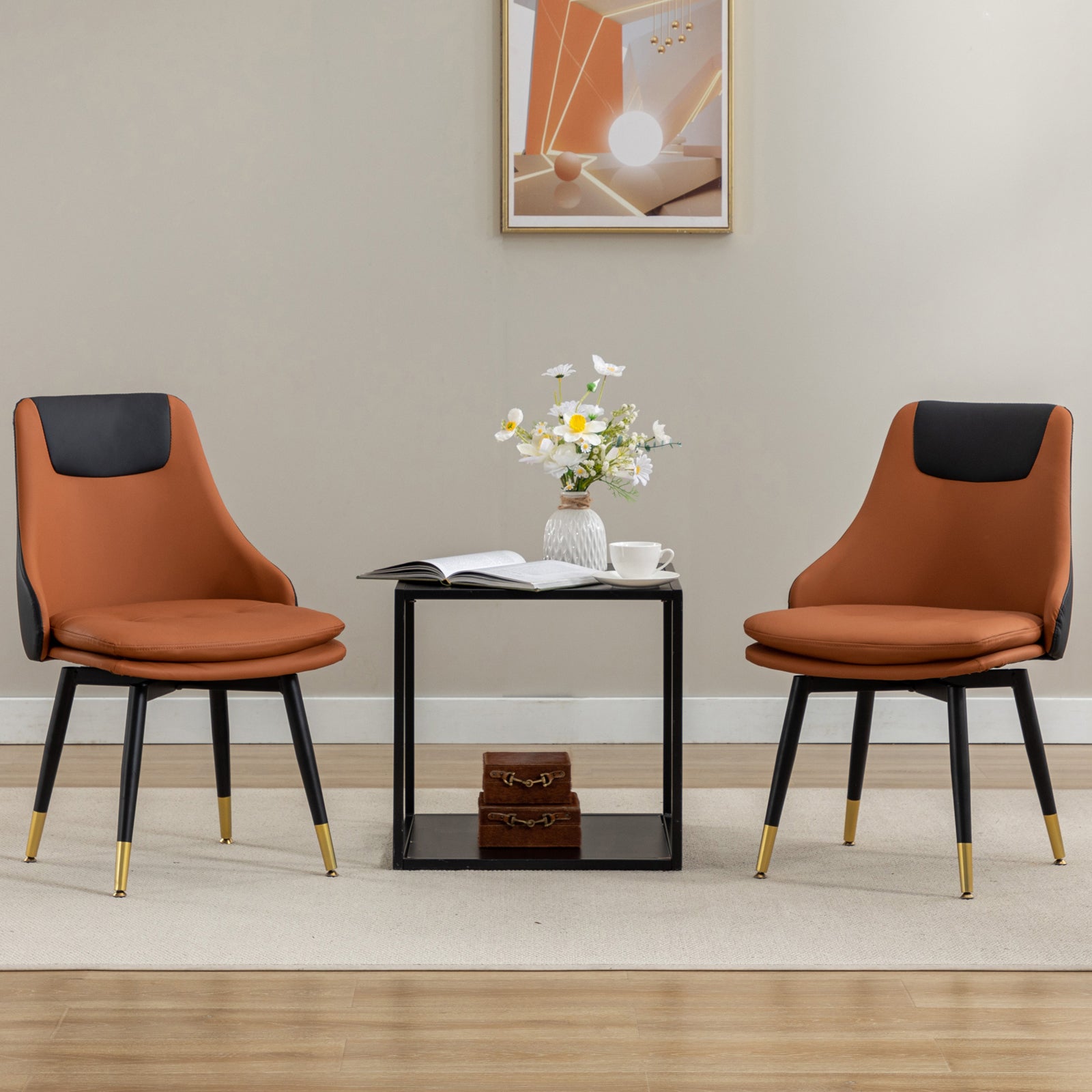 MINPINSER  Mid-Century 360 Swivel Dining Chairs Set of 2, Two-Tone Faux Leather Accent Chairs with Gold Legs, Saddle Brown