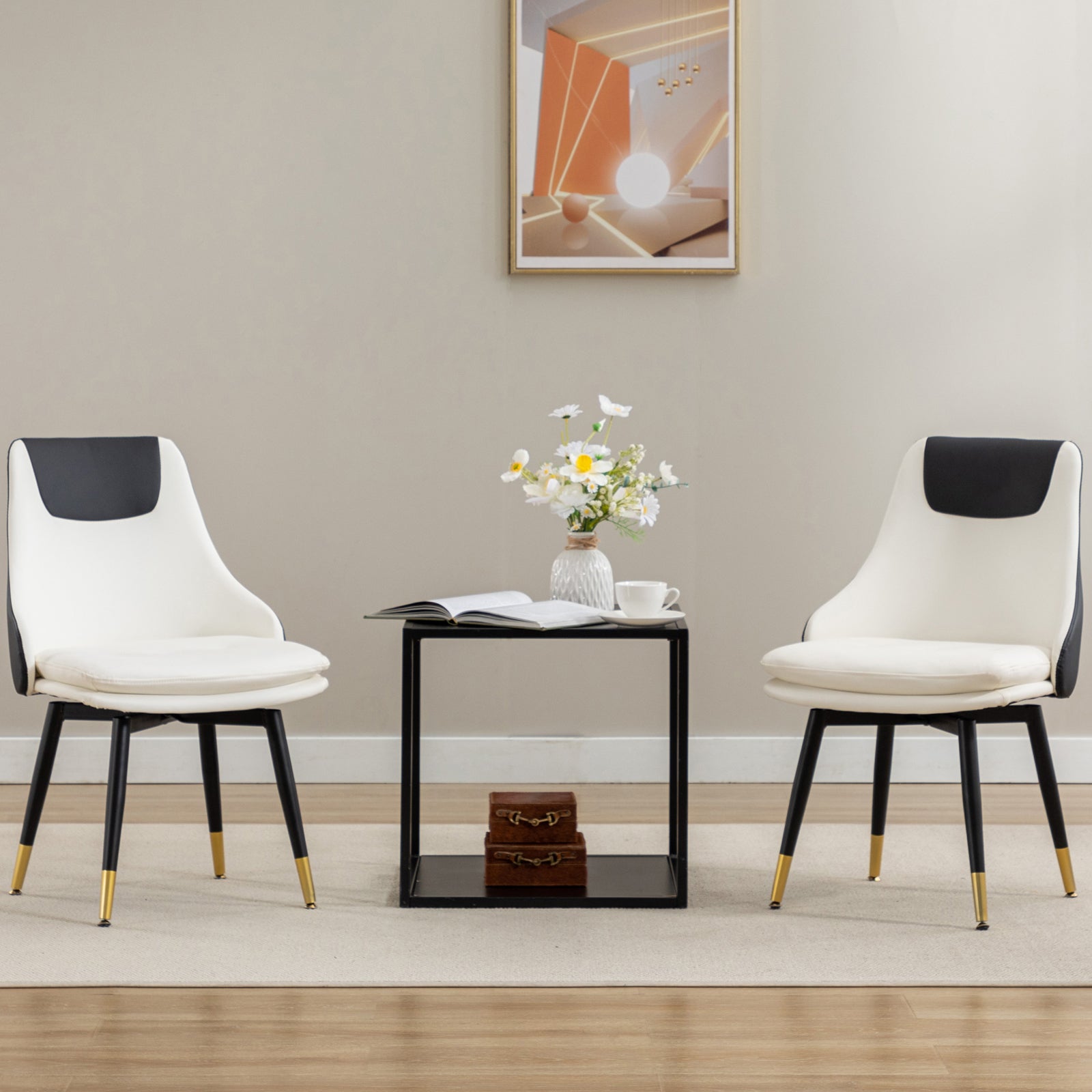 MINPINSER  Mid-Century 360 Swivel Dining Chairs Set of 2, Two-Tone Faux Leather Accent Chairs with Gold Legs, Saddle Brown