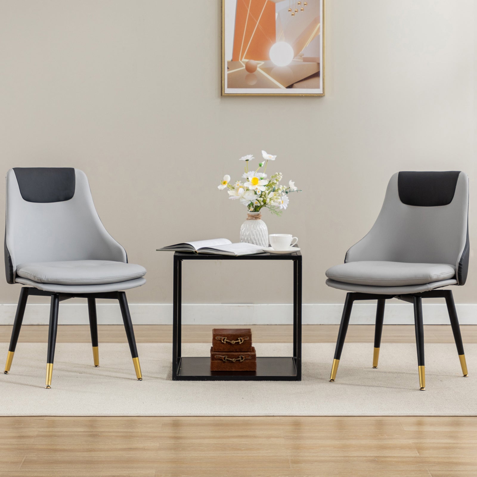 MINPINSER  Mid-Century 360 Swivel Dining Chairs Set of 2, Two-Tone Faux Leather Accent Chairs with Gold Legs, Saddle Brown