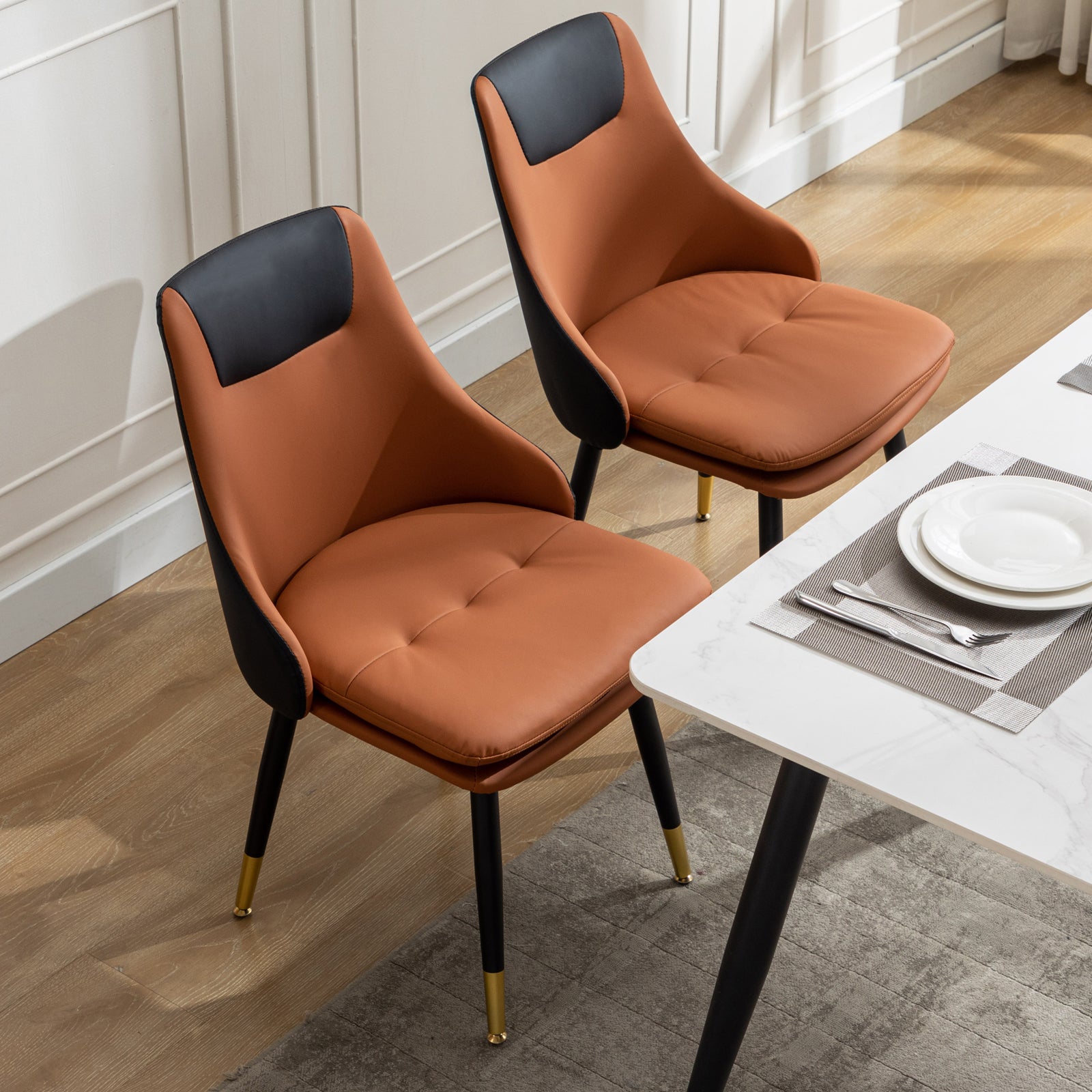 MINPINSER  Mid-Century 360 Swivel Dining Chairs Set of 2, Two-Tone Faux Leather Accent Chairs with Gold Legs, Saddle Brown