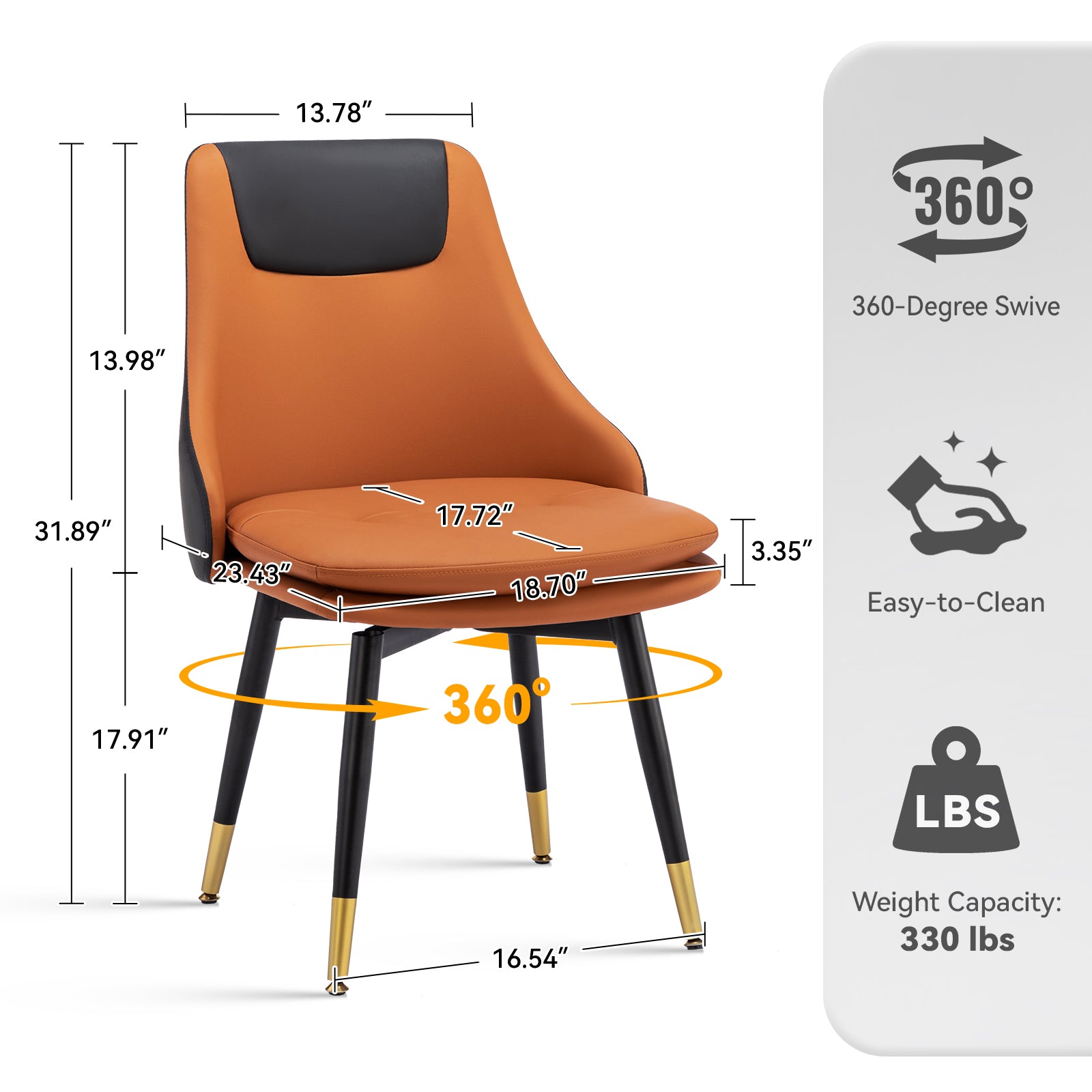MINPINSER  Mid-Century 360 Swivel Dining Chairs Set of 2, Two-Tone Faux Leather Accent Chairs with Gold Legs, Saddle Brown