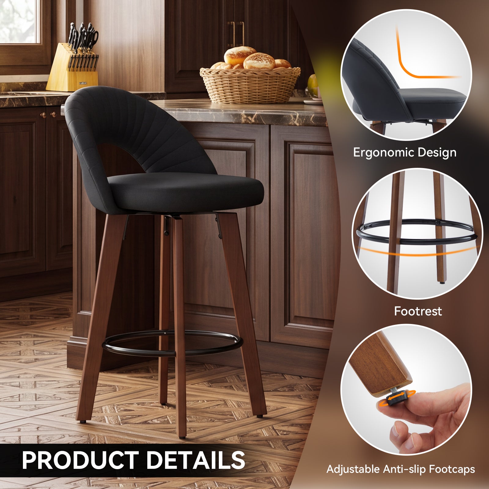 MINPINSER Set of 2 Swivel Counter Height Bar Stools with Bentwood Legs, Black