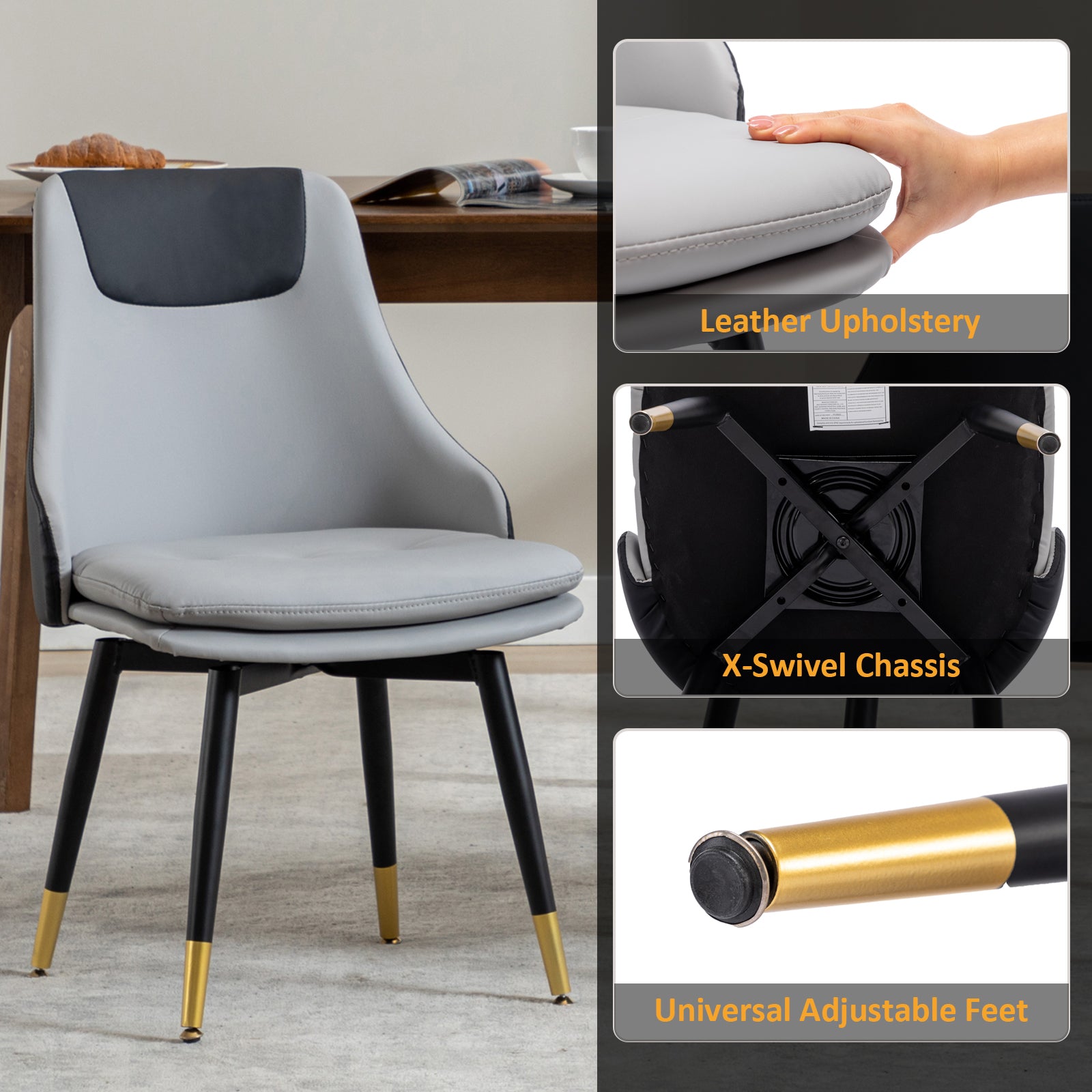 MINPINSER  Mid-Century 360 Swivel Dining Chairs Set of 2, Two-Tone Faux Leather Accent Chairs with Gold Legs, Saddle Brown