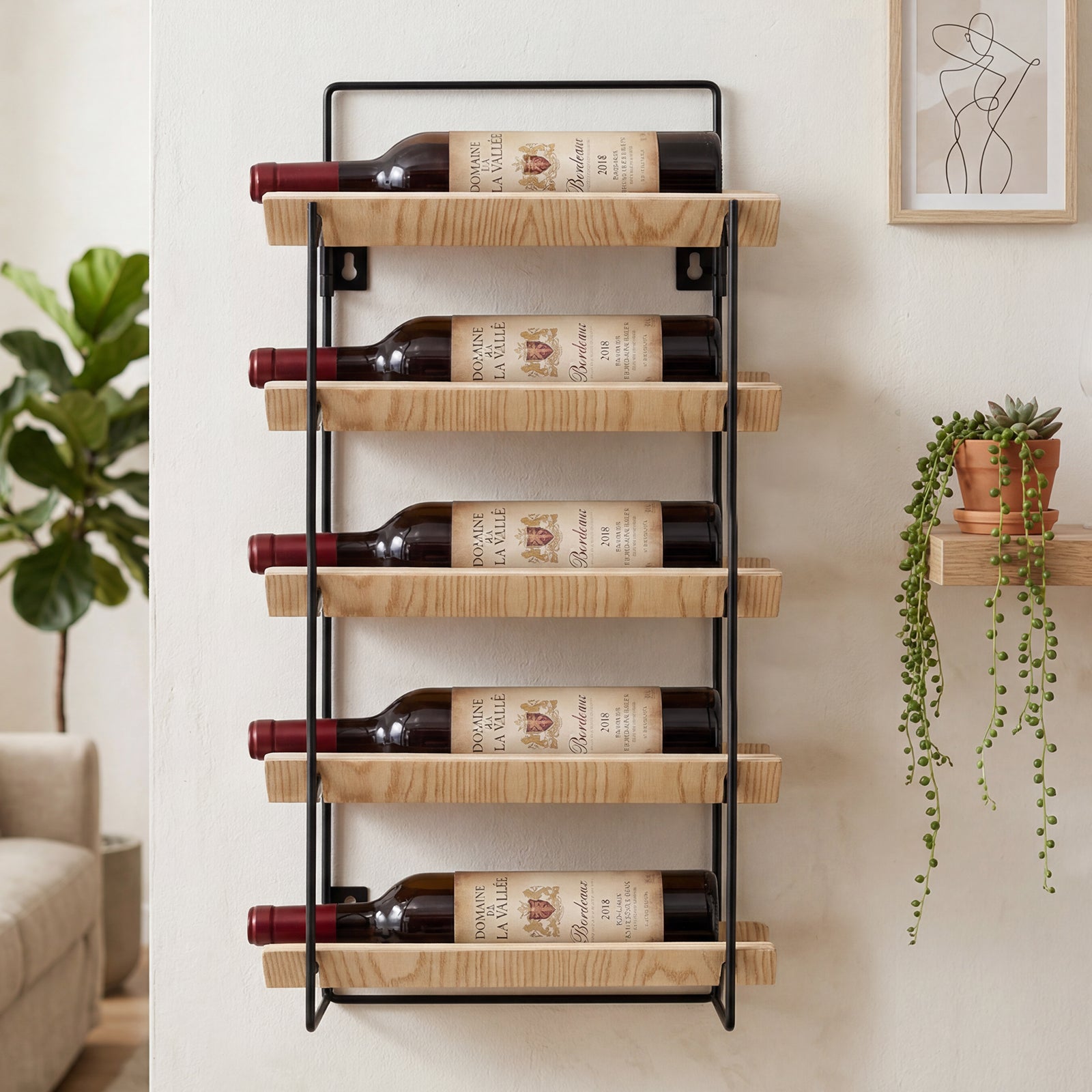 MINPINSER Bentwood Wave Countertop & Wall Mounted Wood and Metal Wine Rack, Natural Wood & Matte Black Finish