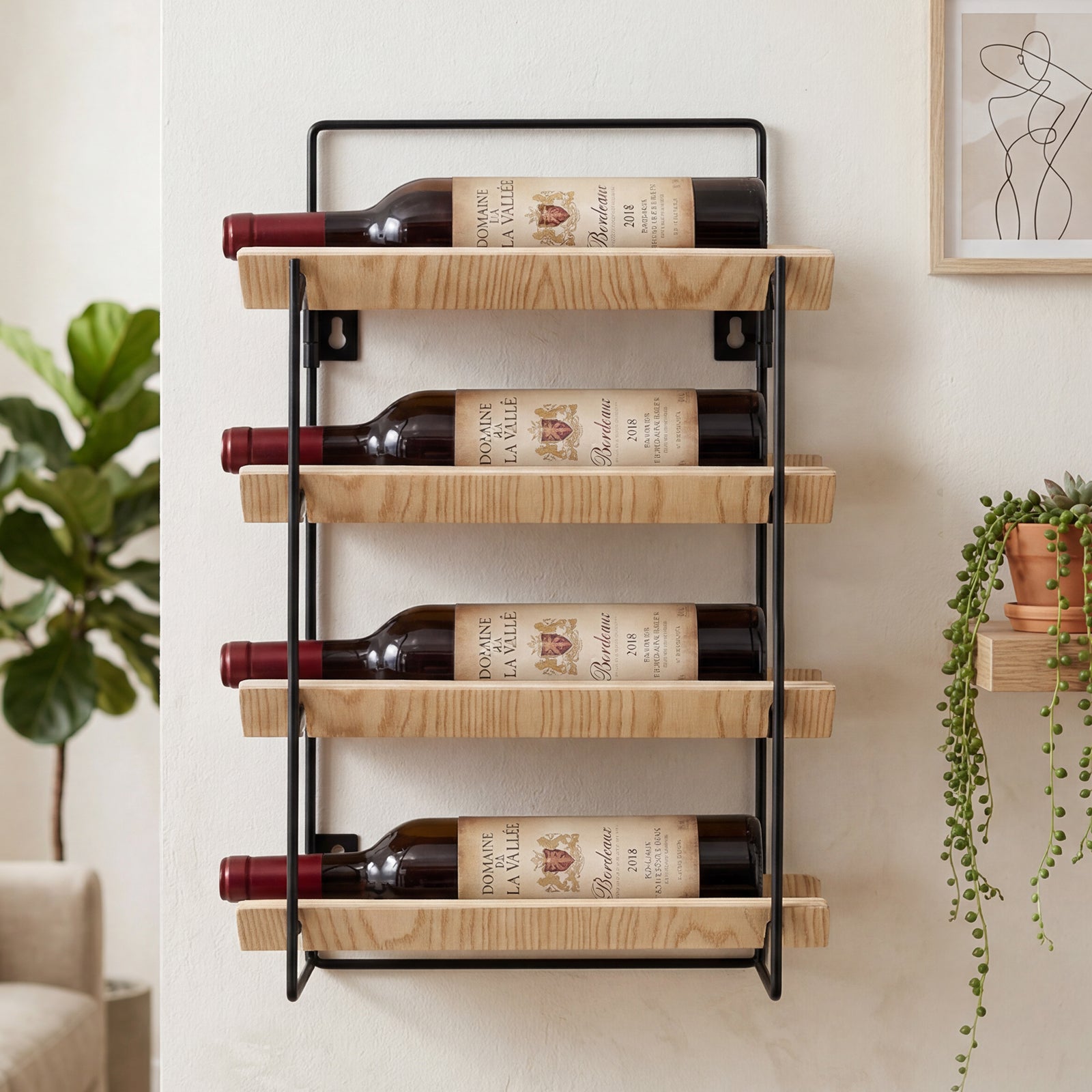 MINPINSER Bentwood Wave Countertop & Wall Mounted Wood and Metal Wine Rack, Natural Wood & Matte Black Finish
