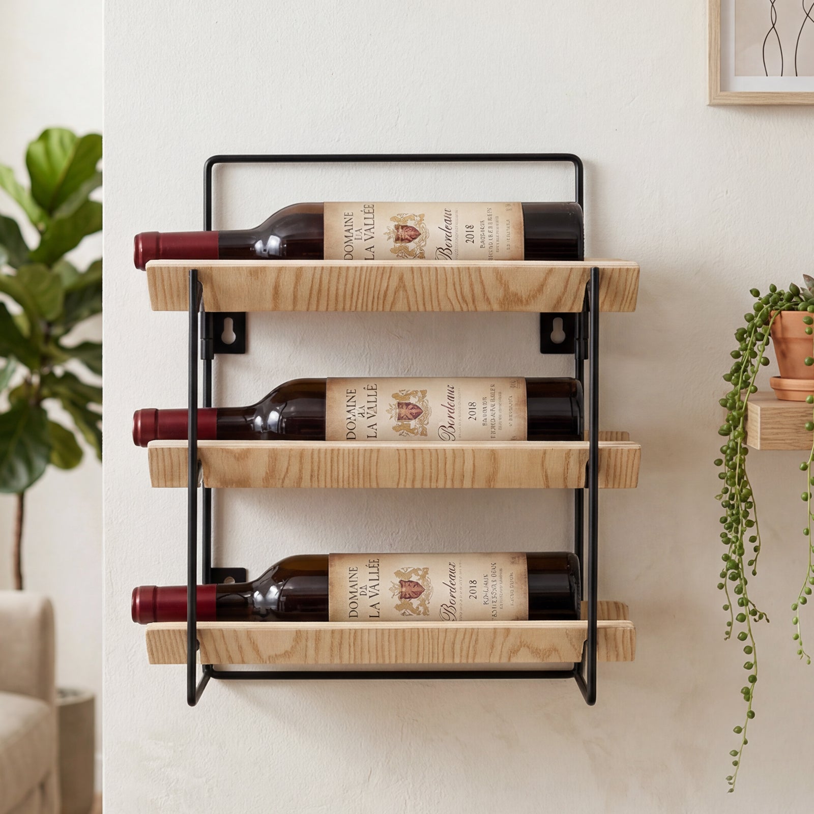 MINPINSER Bentwood Wave Countertop & Wall Mounted Wood and Metal Wine Rack, Natural Wood & Matte Black Finish
