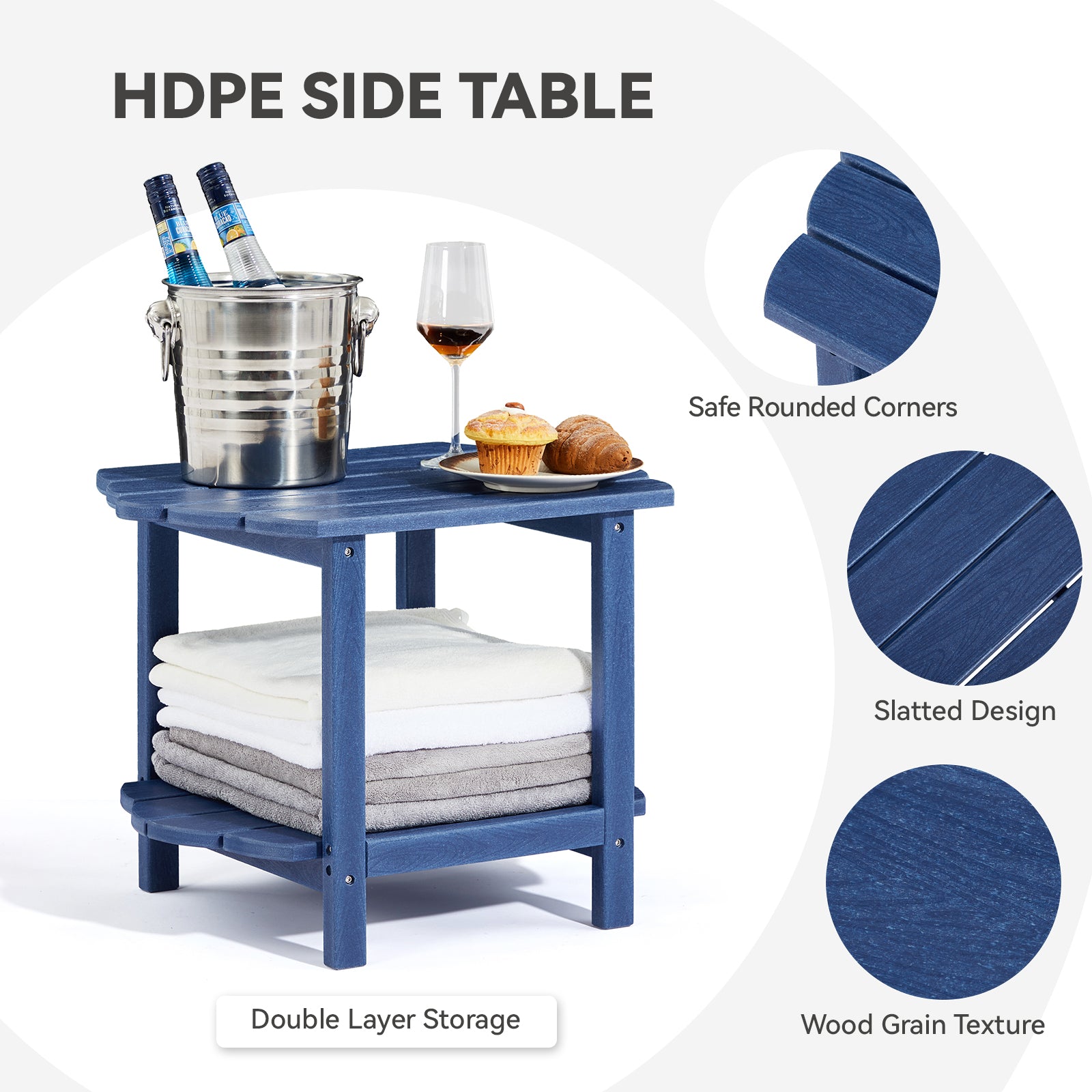 MINPINSER Modern 2-Tier Adirondack Outdoor Side Table, HDPE Weather-Resistant Small End Table with Storage Shelf for Patio, Garden & Balcony, Blue (Rectangle)
