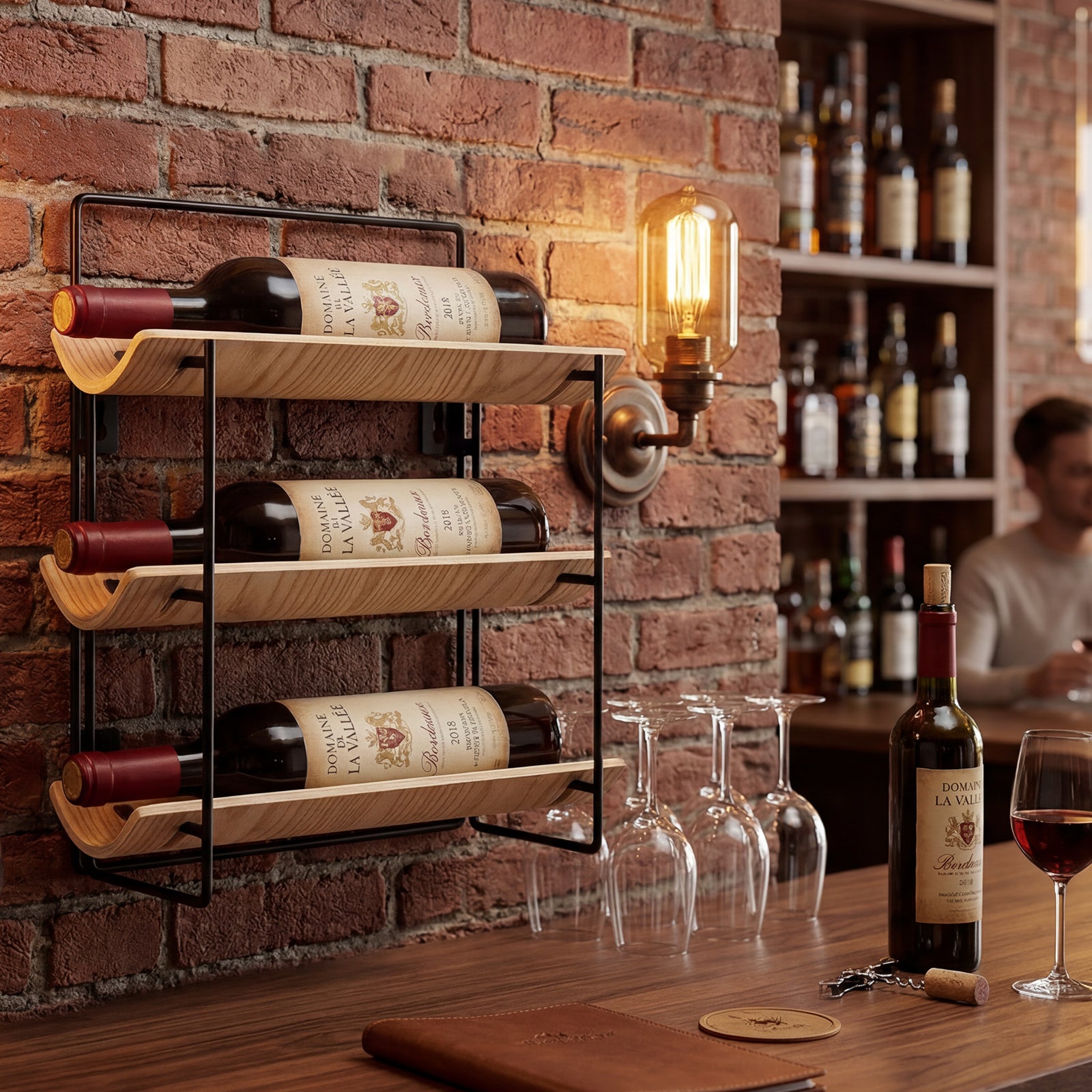 MINPINSER Bentwood Wave Countertop & Wall Mounted Wood and Metal Wine Rack, Natural Wood & Matte Black Finish