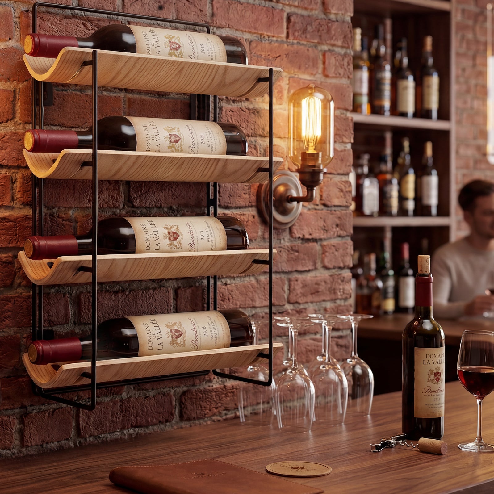 MINPINSER Bentwood Wave Countertop & Wall Mounted Wood and Metal Wine Rack, Natural Wood & Matte Black Finish
