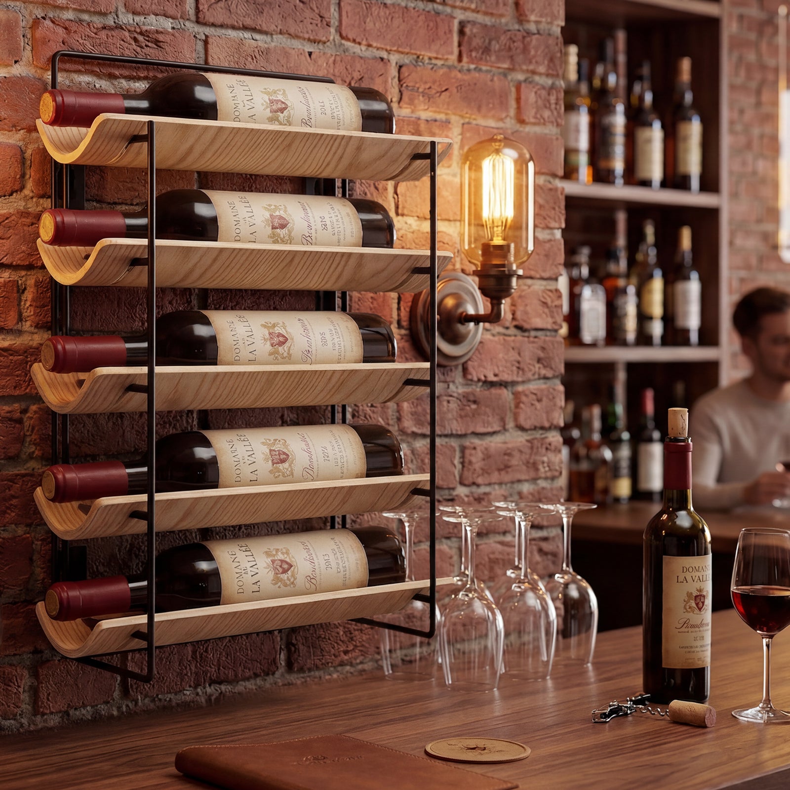 MINPINSER Bentwood Wave Countertop & Wall Mounted Wood and Metal Wine Rack, Natural Wood & Matte Black Finish