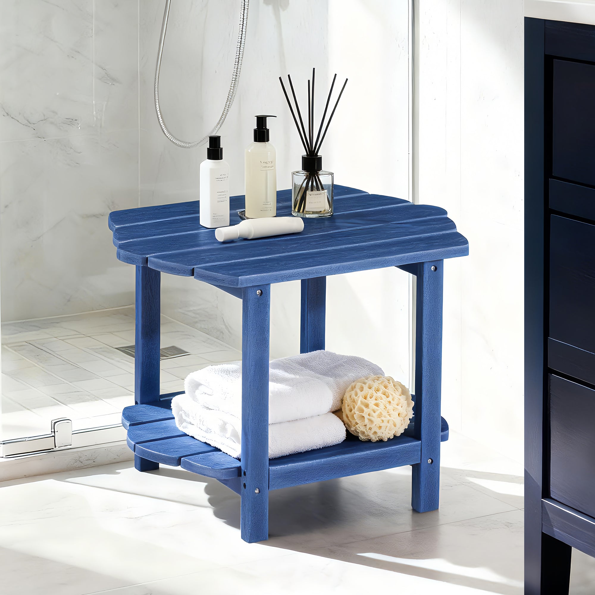 MINPINSER Modern 2-Tier Adirondack Outdoor Side Table, HDPE Weather-Resistant Small End Table with Storage Shelf for Patio, Garden & Balcony, Blue (Rectangle)