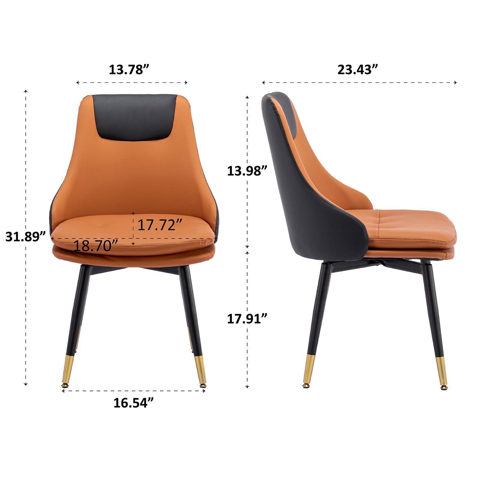 MINPINSER  Mid-Century 360 Swivel Dining Chairs Set of 2, Two-Tone Faux Leather Accent Chairs with Gold Legs, Saddle Brown