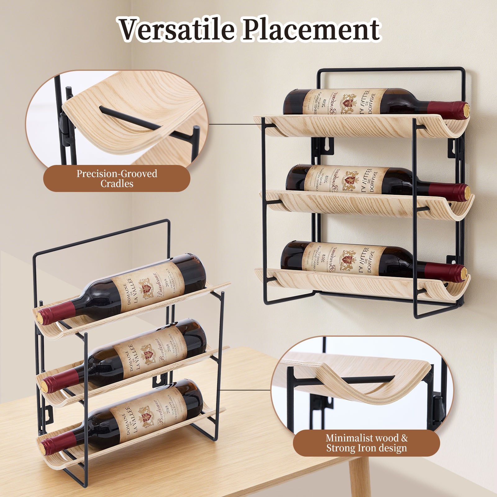 MINPINSER Bentwood Wave Countertop & Wall Mounted Wood and Metal Wine Rack, Natural Wood & Matte Black Finish
