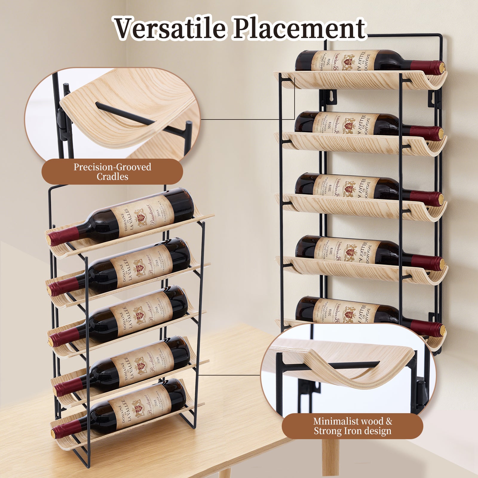 MINPINSER Bentwood Wave Countertop & Wall Mounted Wood and Metal Wine Rack, Natural Wood & Matte Black Finish