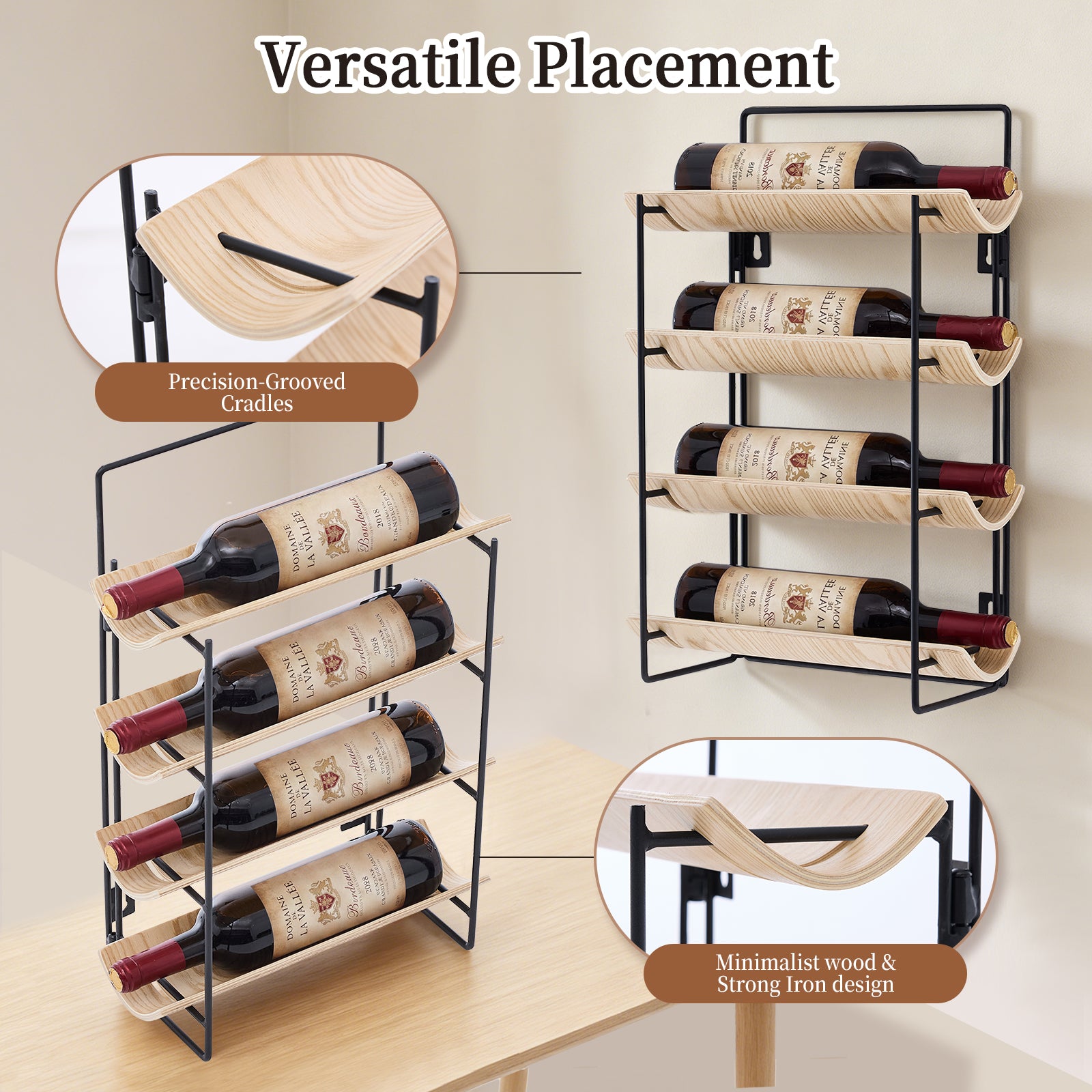 MINPINSER Bentwood Wave Countertop & Wall Mounted Wood and Metal Wine Rack, Natural Wood & Matte Black Finish