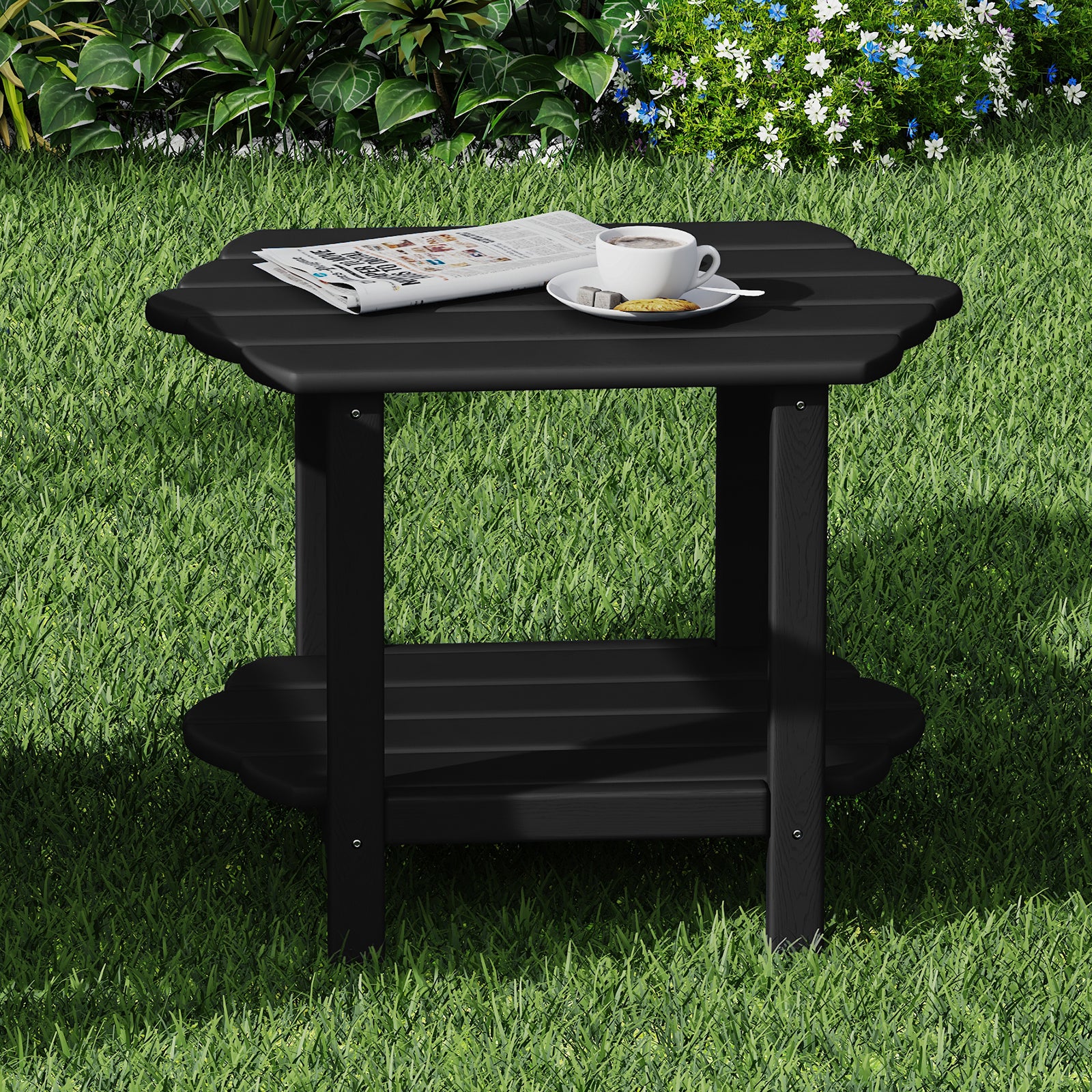 MINPINSER Modern 2-Tier Adirondack Outdoor Side Table, HDPE Weather-Resistant Small End Table with Storage Shelf for Patio, Garden & Balcony, Blue (Rectangle)