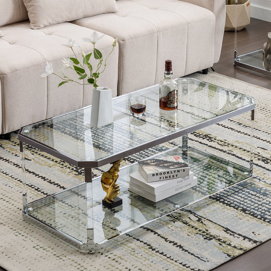 Modern Chrome Coffee Tables with Glass Storage Shelf - Hausfame
