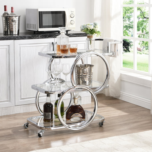 Modern 3 Tiers Bar Cart on Wheel with Handle in Chrome Style - Hausfame