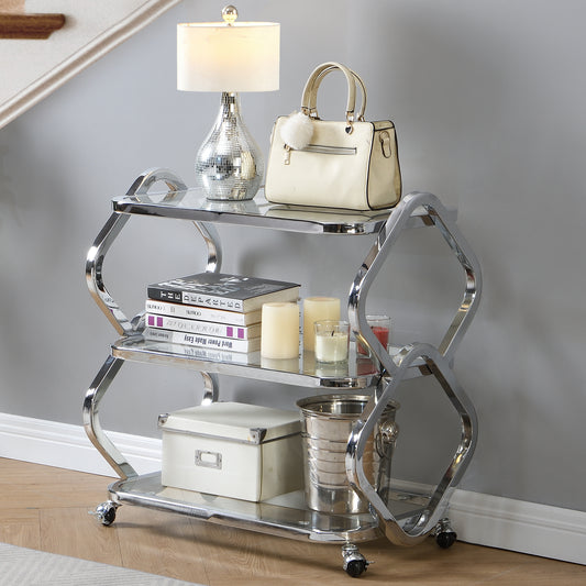3 Tiers Chrome Bar Carts on Wheels Modern Console Table with Storage-Hausfame