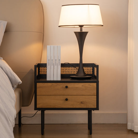 Rattan Nightstand With 2 USB Ports Wood Nightstands with 2 Storage Drawers-Hausfame